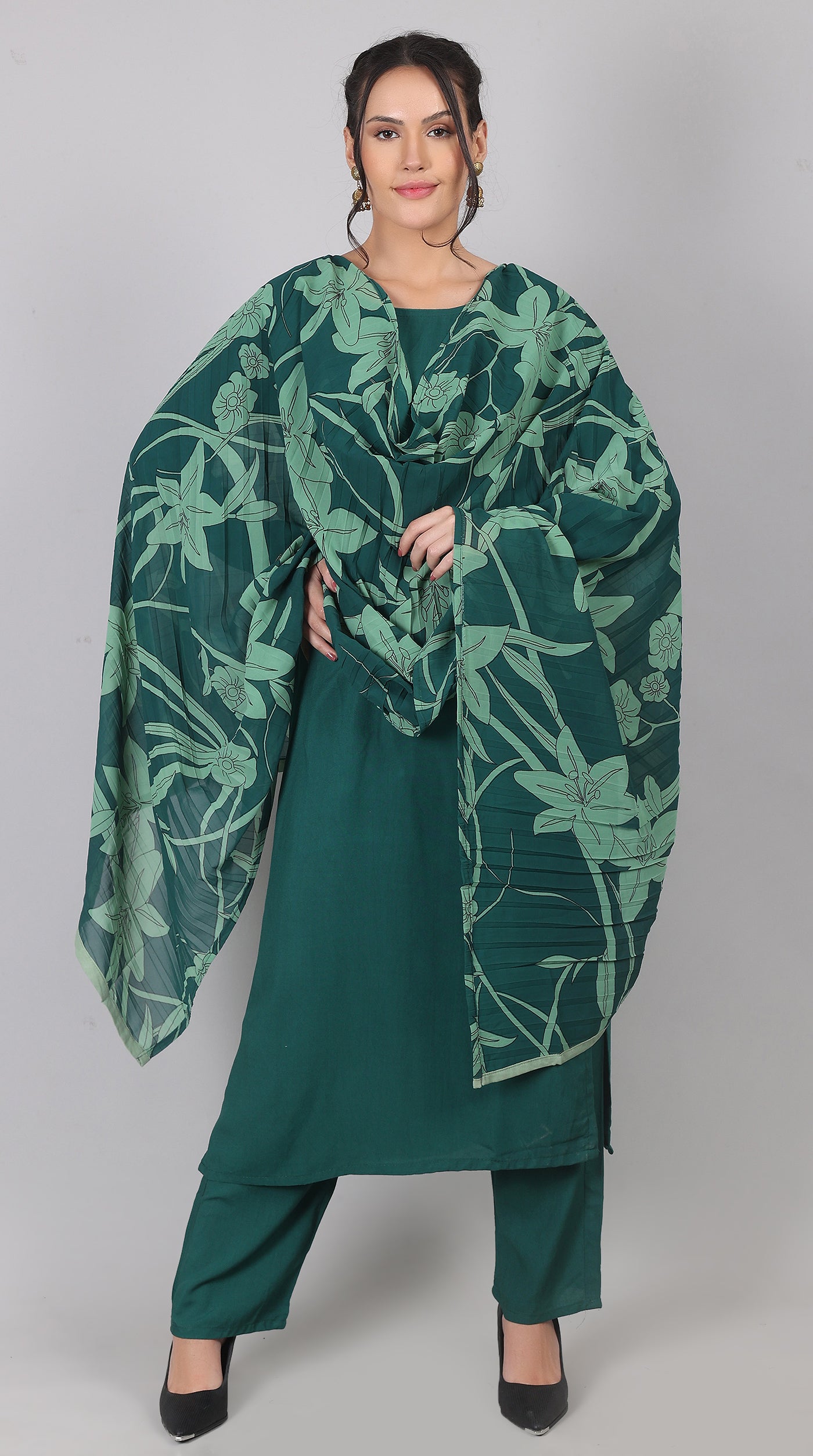 Green Rayon Straight-Cut Kurta Set with Georgette Dupatta