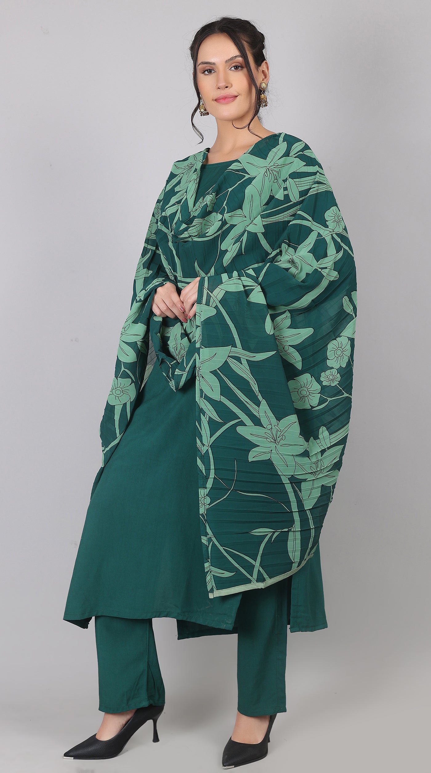 Green Rayon Straight-Cut Kurta Set with Georgette Dupatta