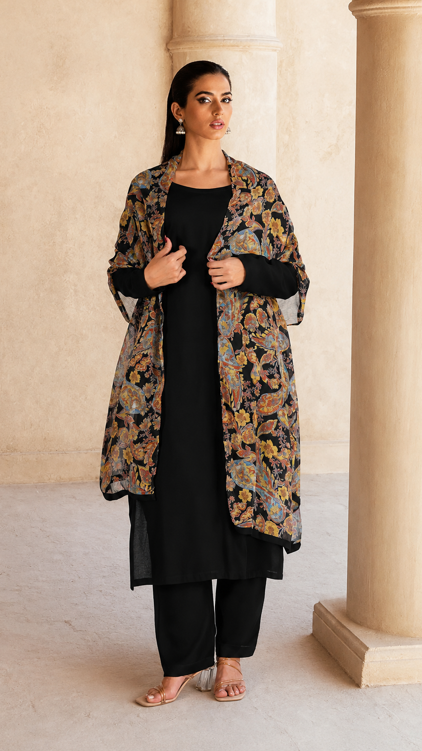 Black salwar kameez suit with matching trousers and multicolour paisley print dupatta
