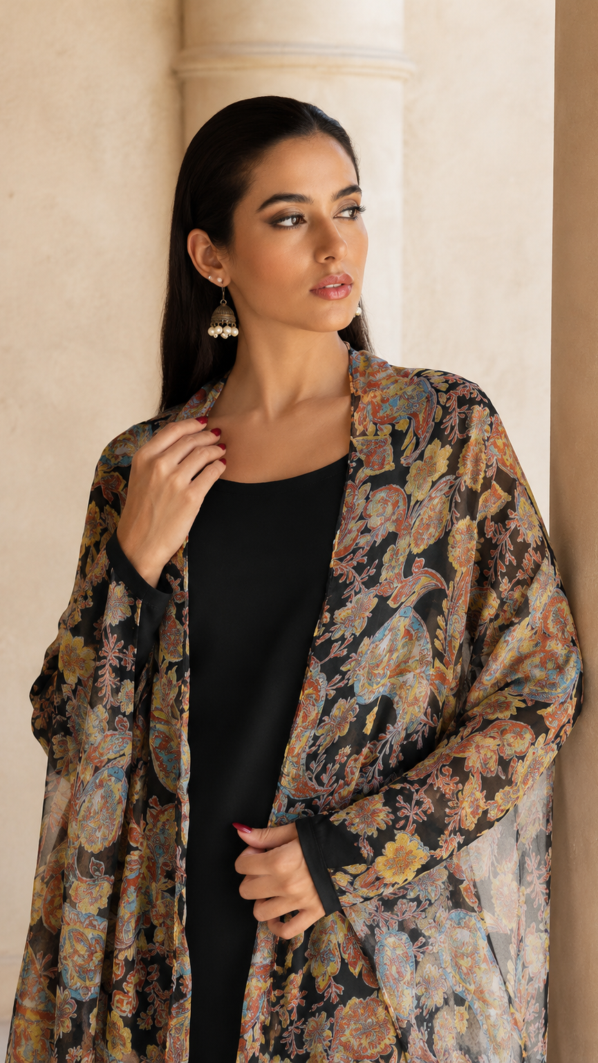 Black salwar kameez suit with matching trousers and multicolour paisley print dupatta
