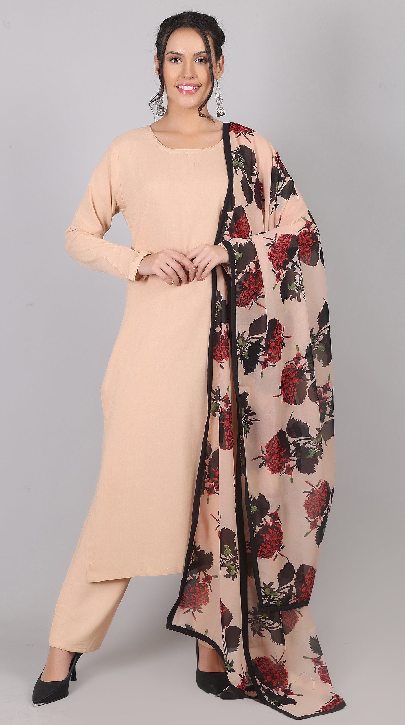 Pink Rayon Straight-Cut Kurta Set with Contrast Dupatta