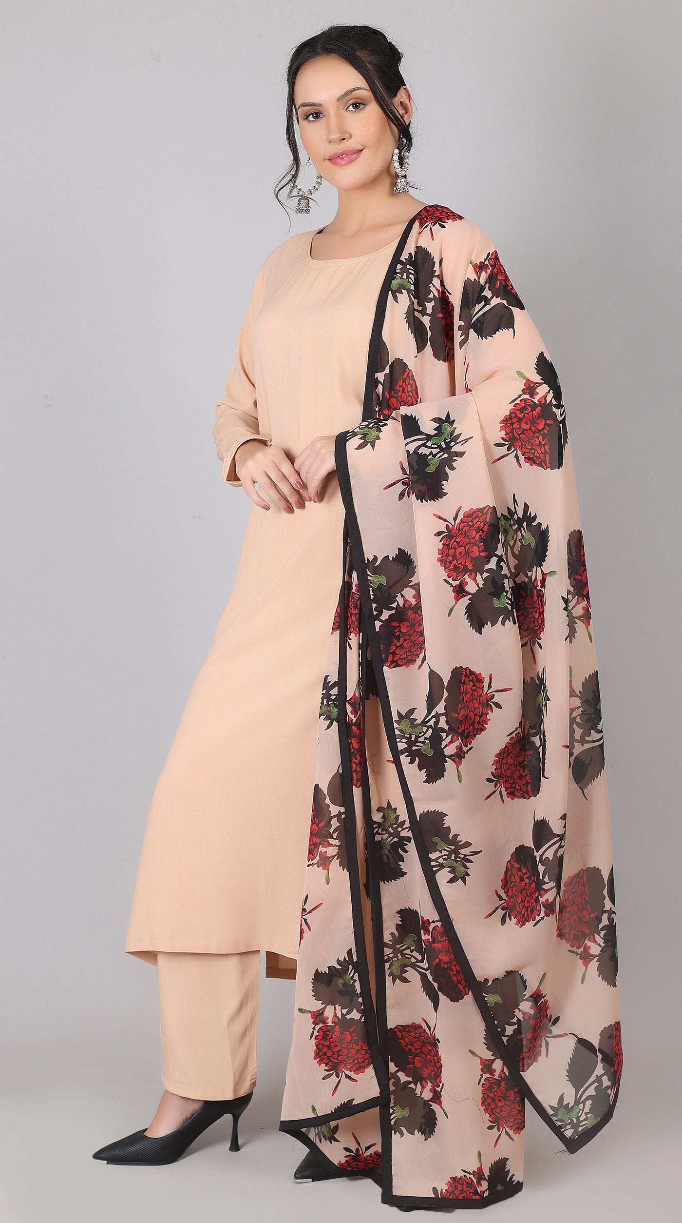 Pink Rayon Straight-Cut Kurta Set with Contrast Dupatta