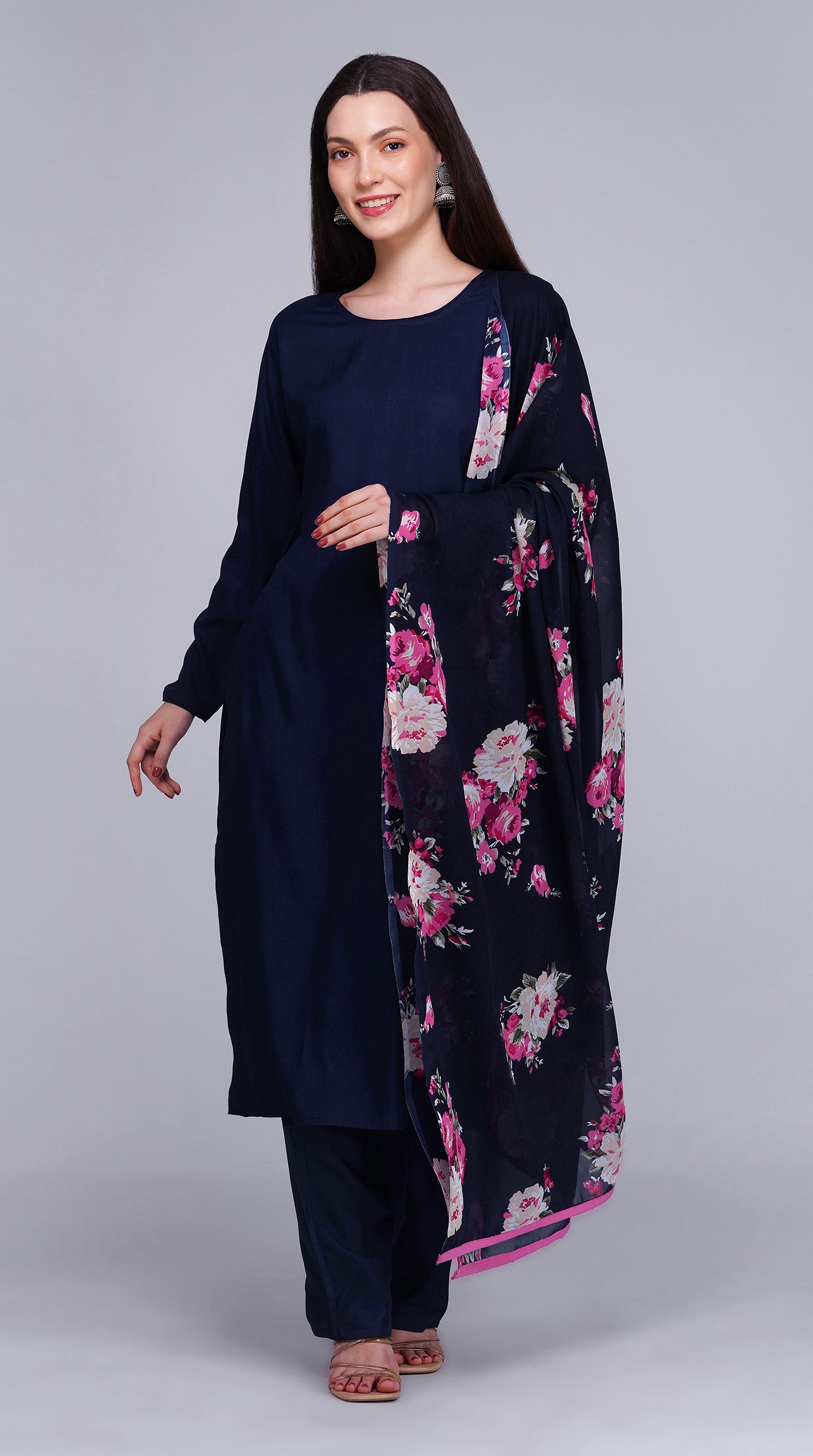 Navy Blue Rayon Straight Cut Kurta Set with Georgette Dupatta