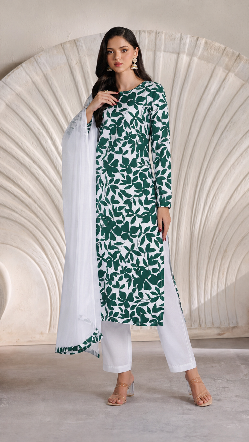 Bottle green and white floral printed salwar kameez suit with white trousers and matching white dupatta
