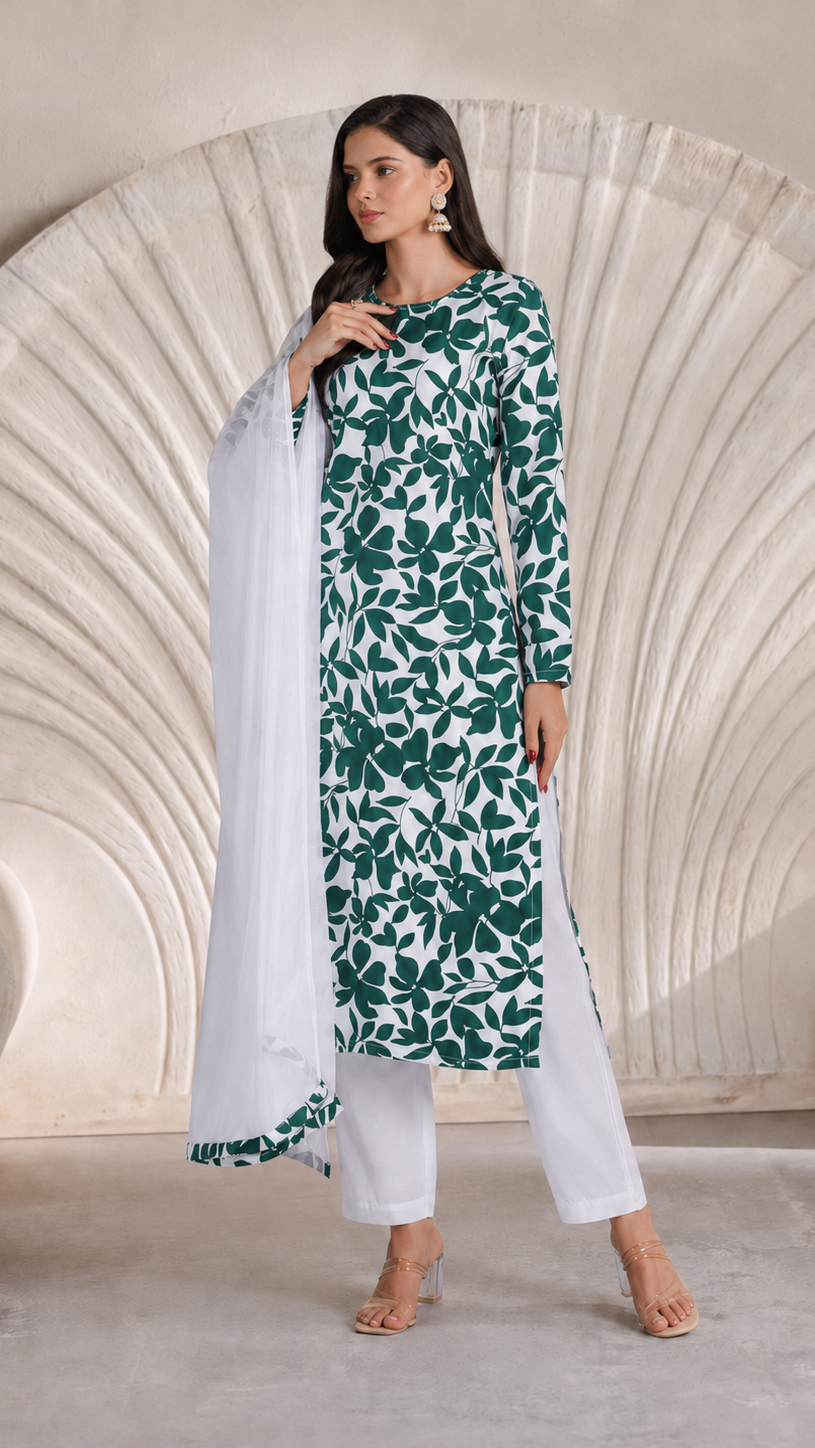 Bottle green and white floral printed salwar kameez suit with white trousers and matching white dupatta
