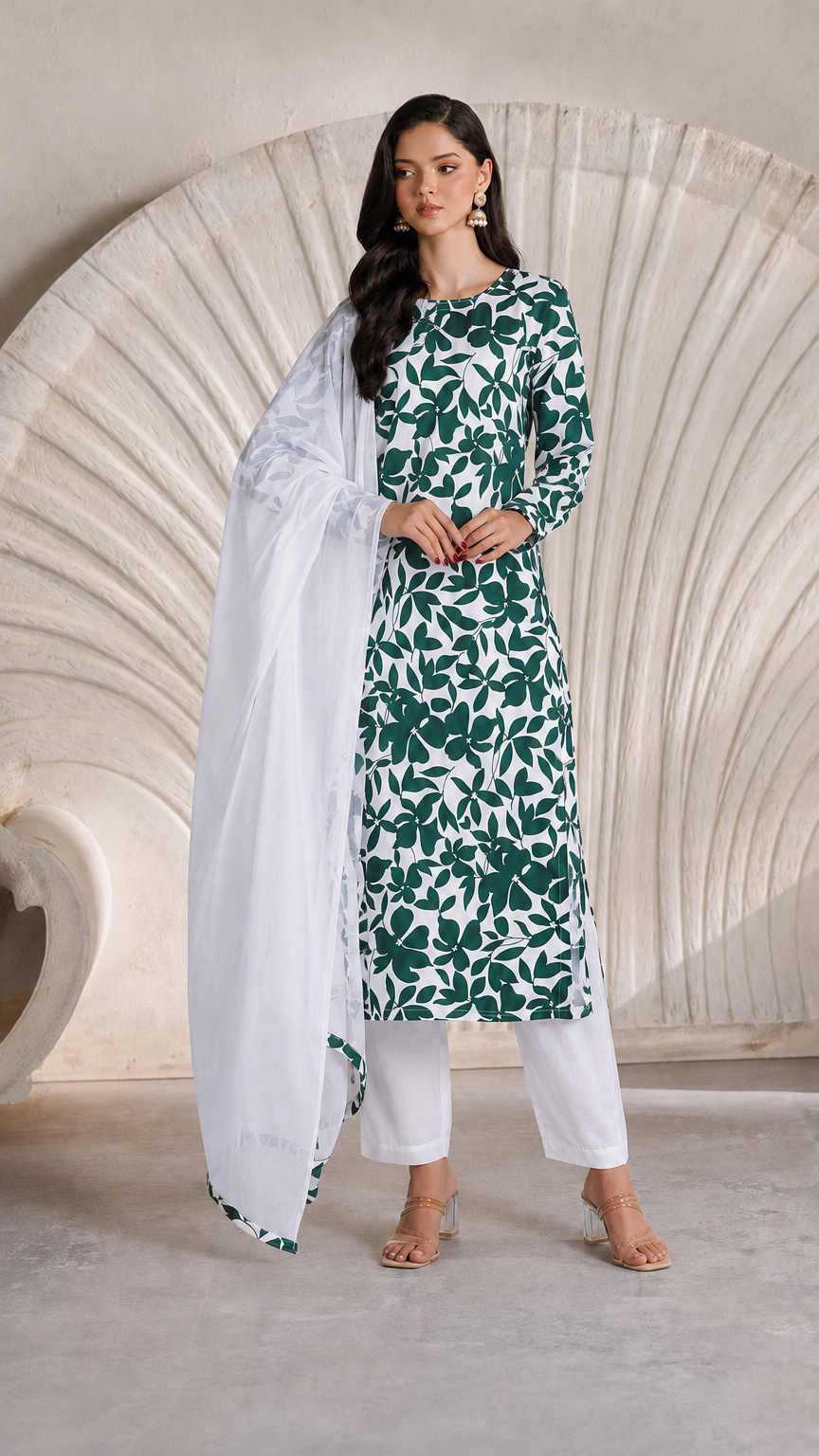 Bottle green and white floral printed salwar kameez suit with white trousers and matching white dupatta
