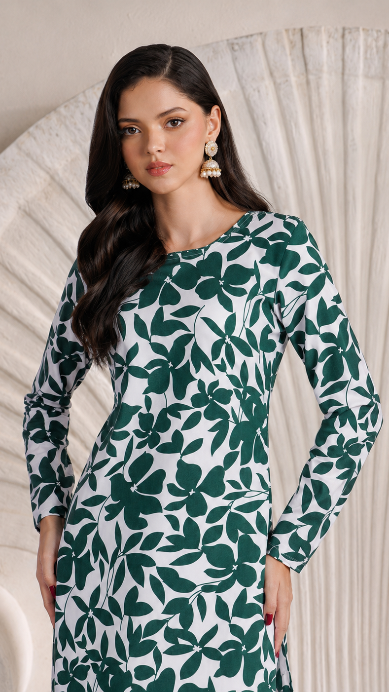 Bottle green and white floral printed salwar kameez suit with white trousers and matching white dupatta
