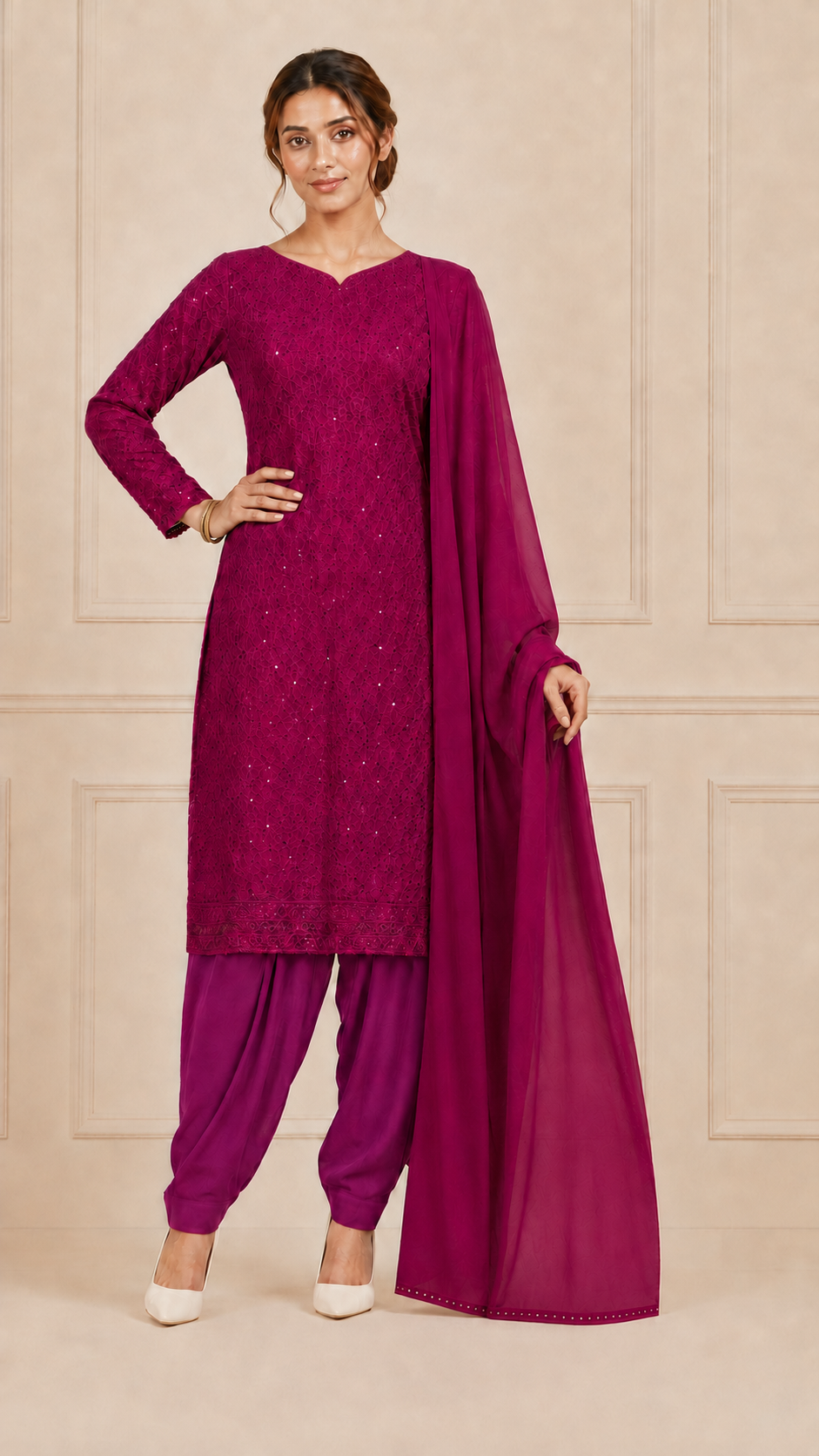 Wine Chikankari Rayon Suit Set
