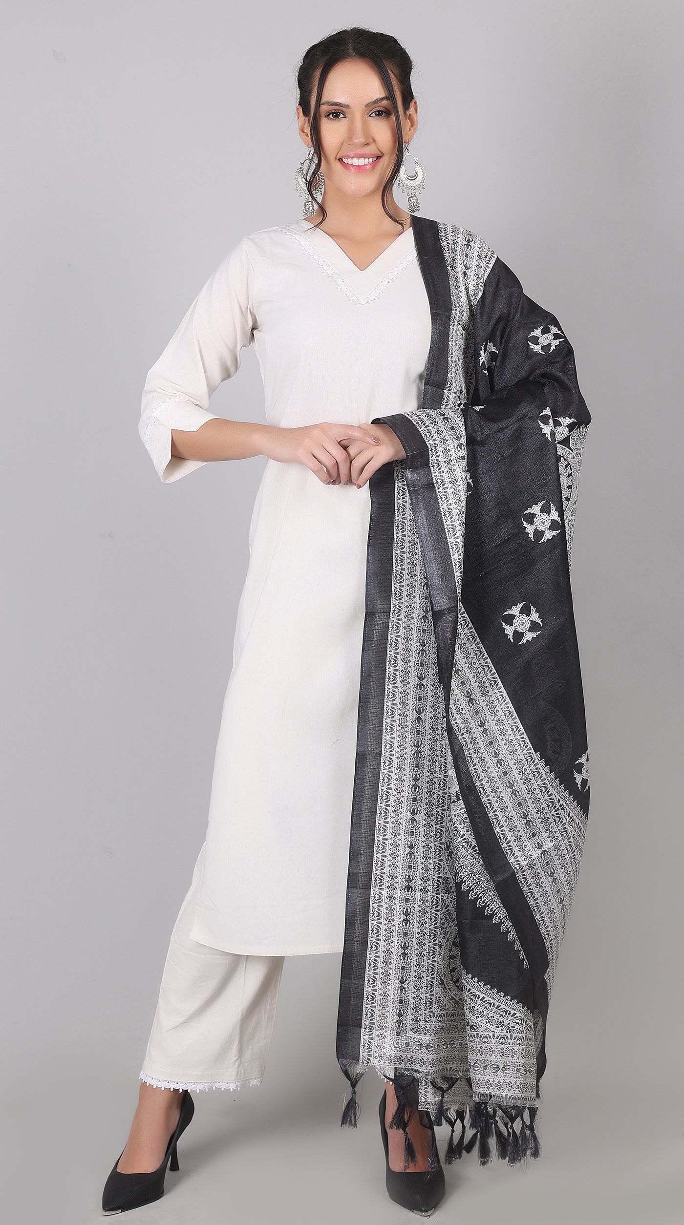 White Cotton Kurta Palazzo Set with Black Chanderi Dupatta