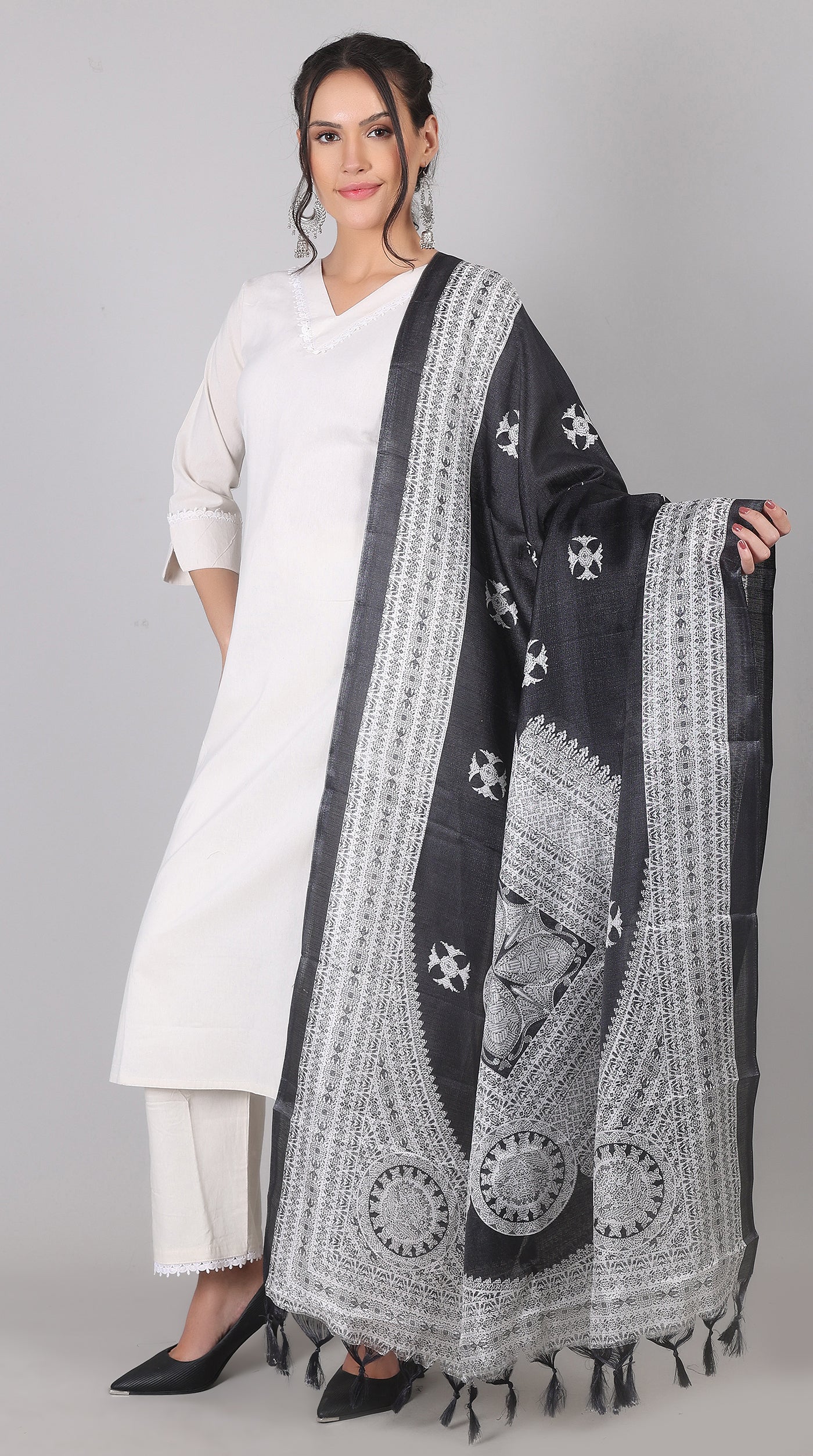 White Cotton Kurta Palazzo Set with Black Chanderi Dupatta