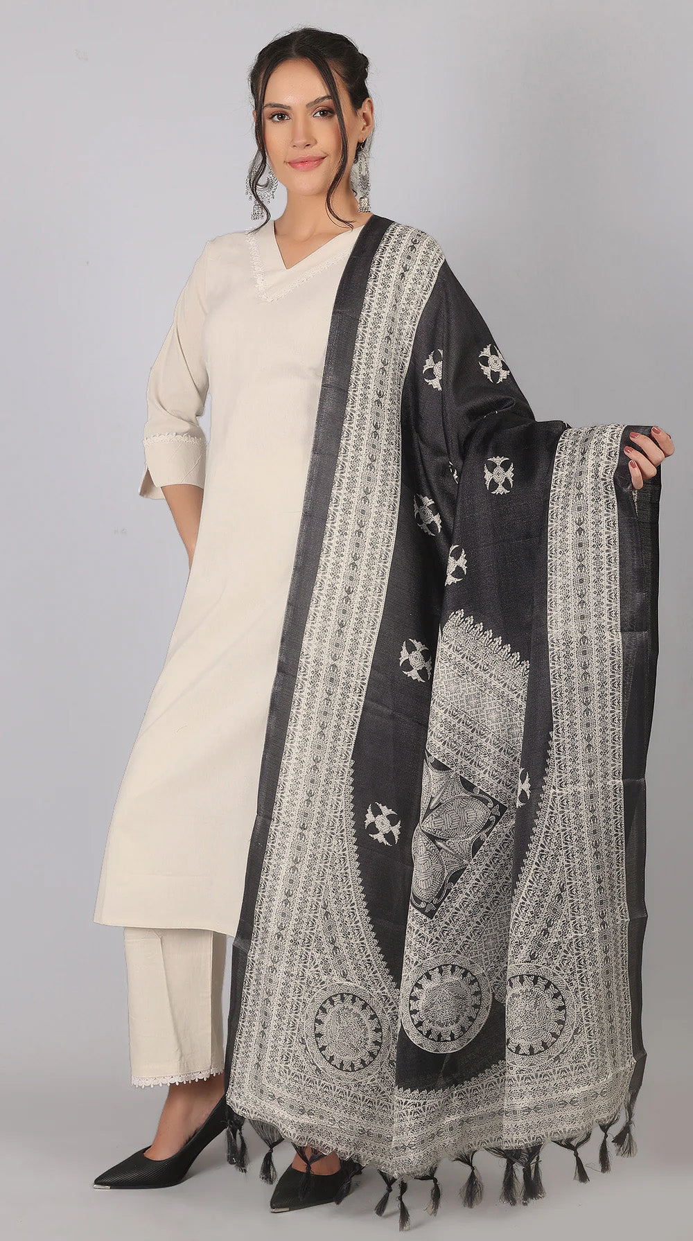 Cream Cotton Kurta Palazzo Set with Black Chanderi Dupatta