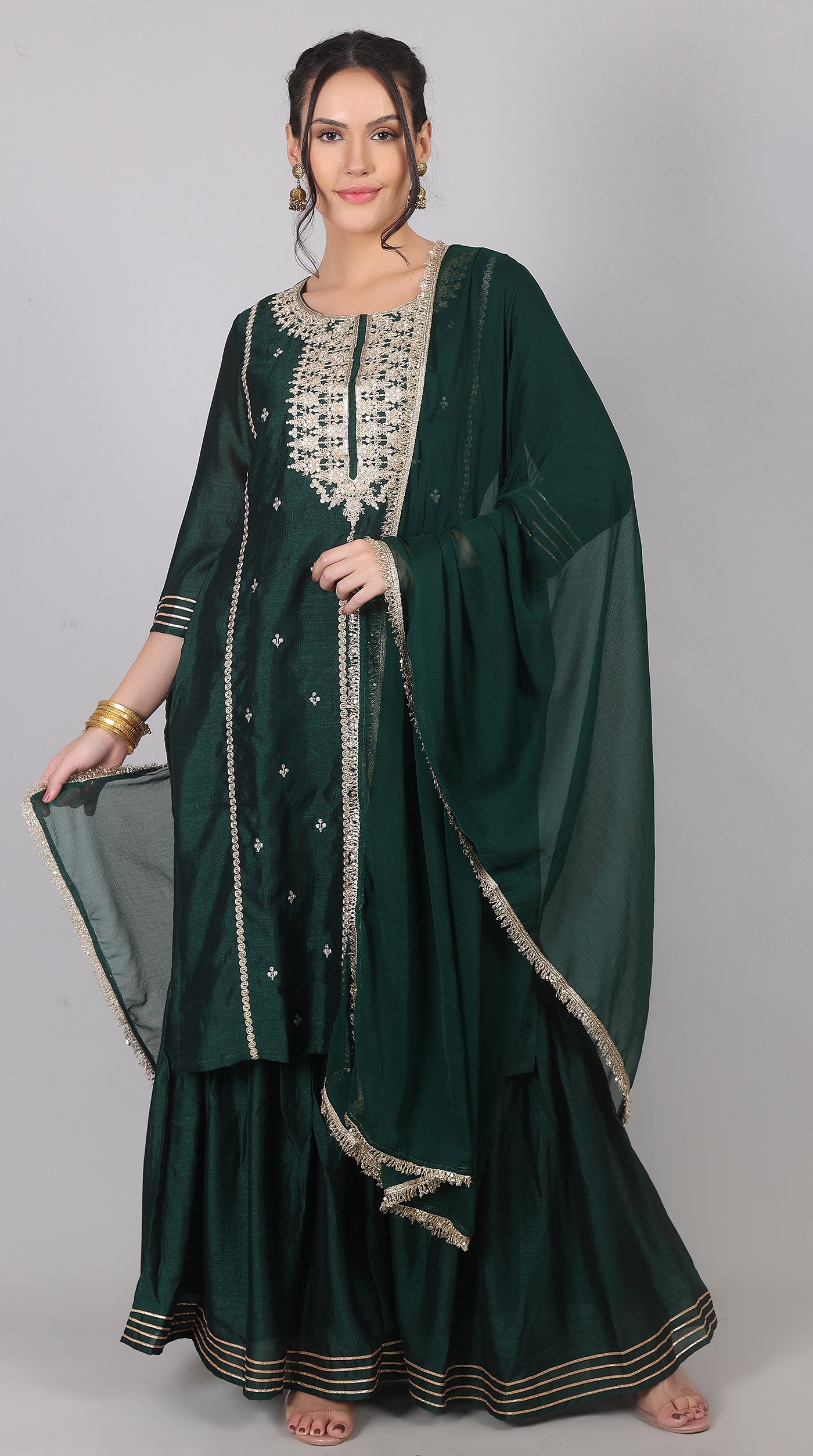 Green Georgette Vichitra Zari Embroidered Gharara Set with Dupatta