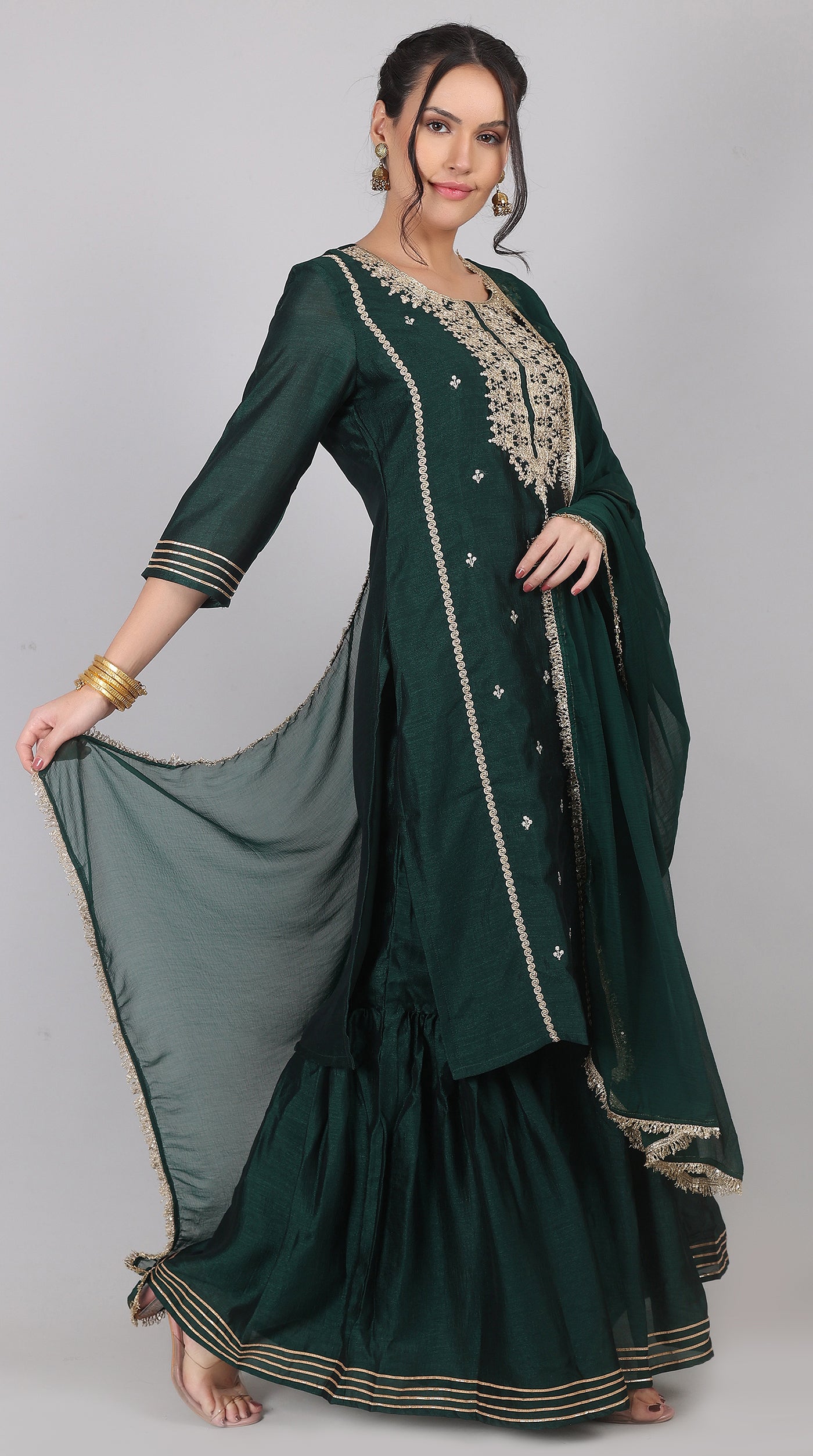 Green Georgette Vichitra Zari Embroidered Gharara Set with Dupatta