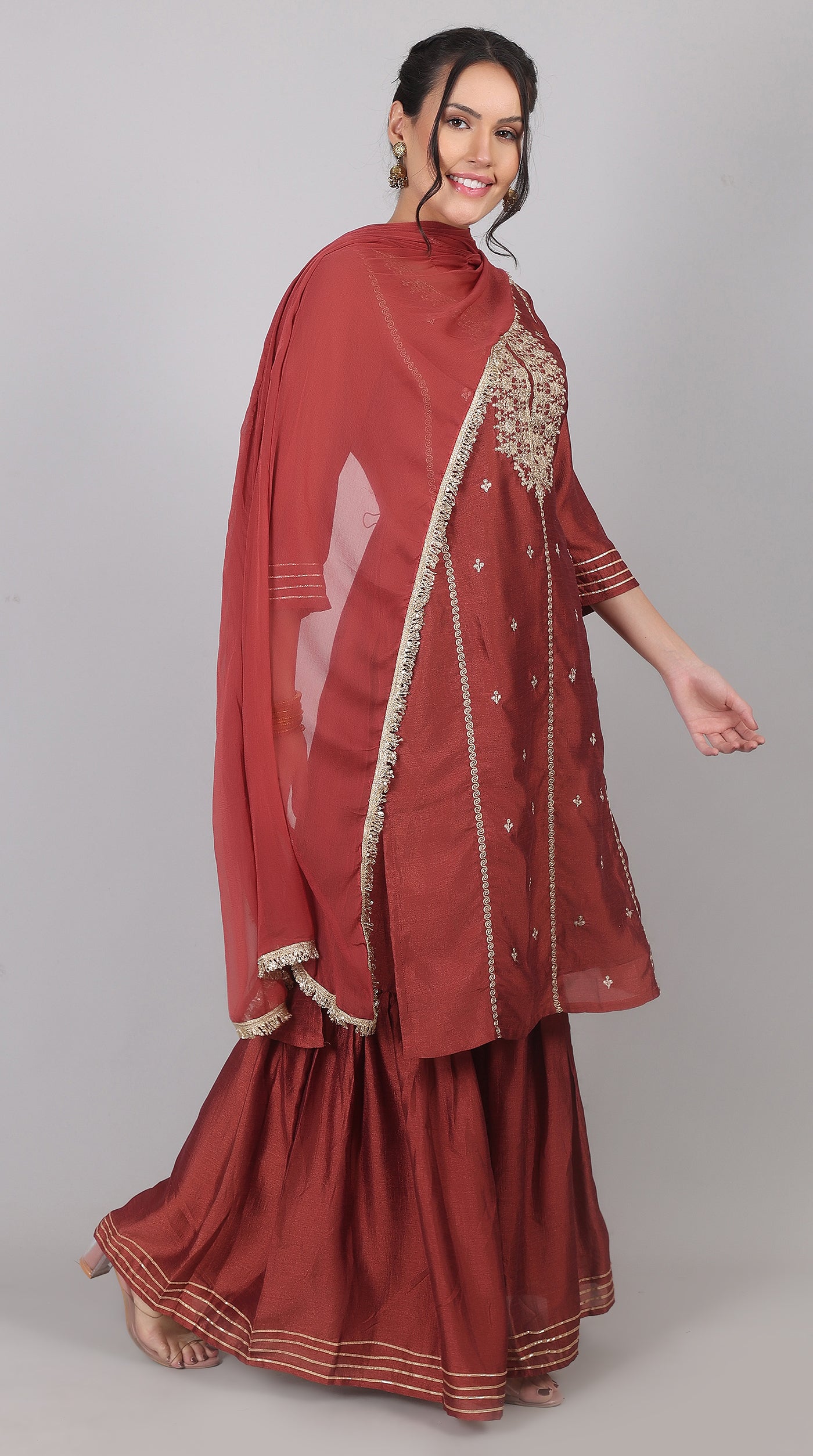 Maroon Georgette Vichitra Zari Embroidered Gharara Set with Dupatta