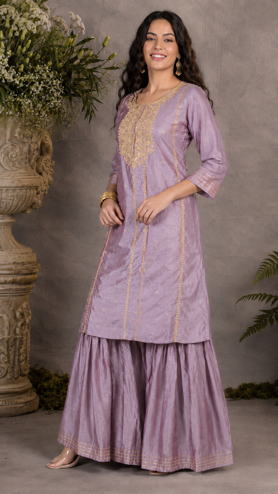 Mauve lavender women’s embroidered salwar kameez suit with matching sharara trousers and dupatta, elegant Asian occasion wear by Diya Online