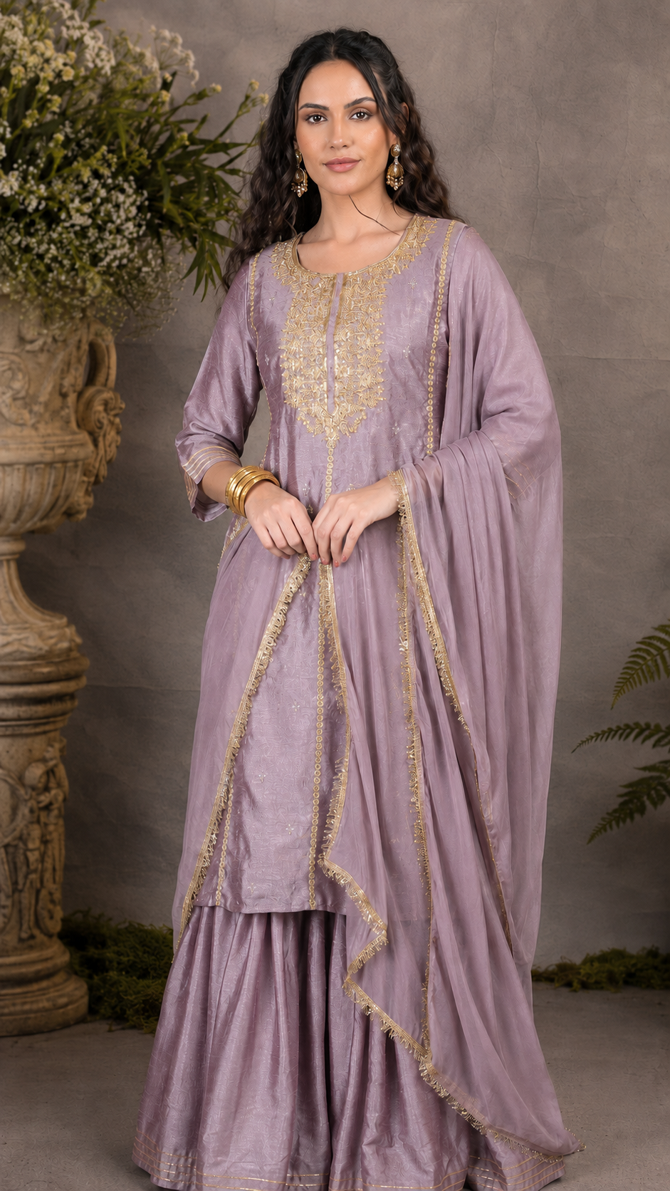Outfit consisting of a lavender-purple kurta with gold embroidery, matching flared pants, and a draped dupatta.