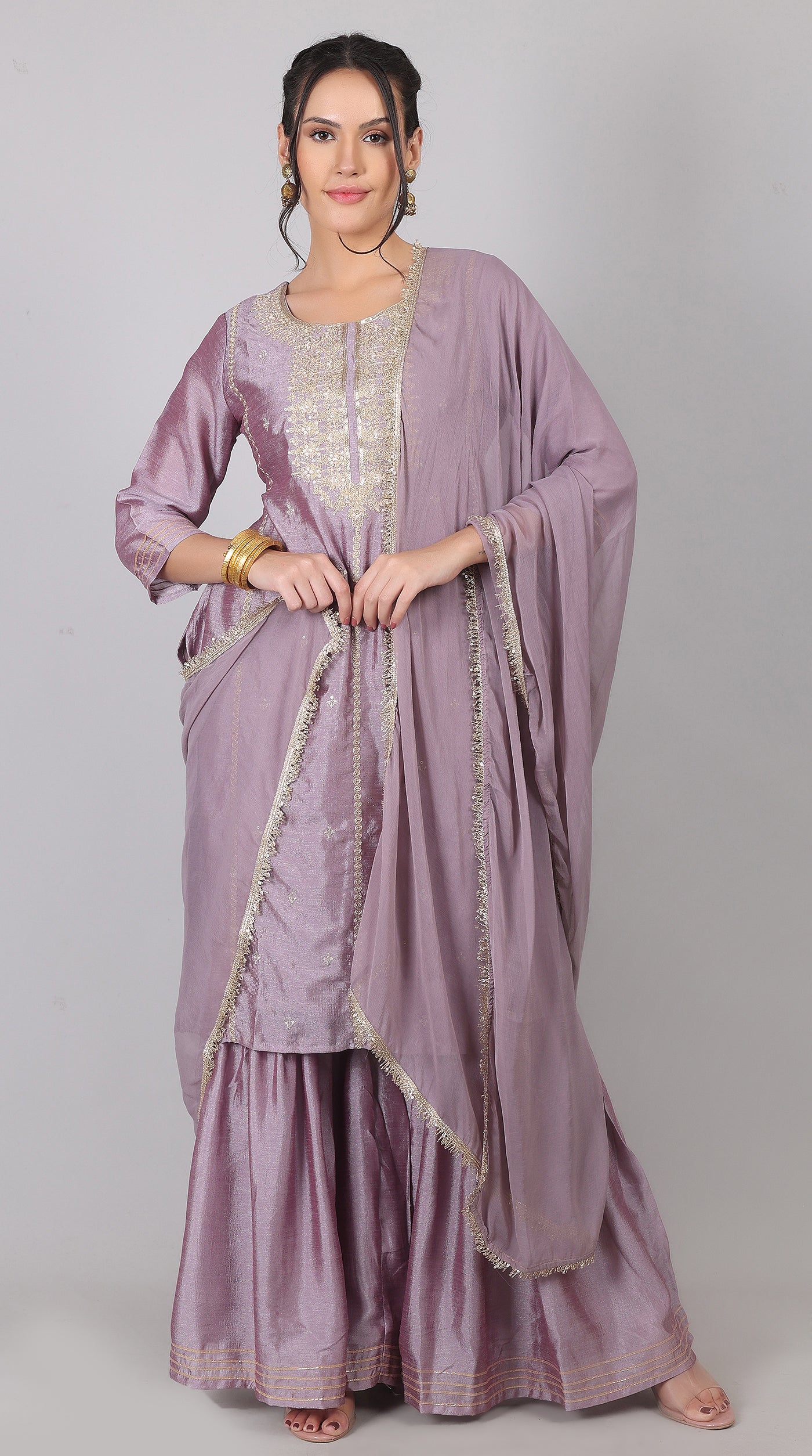 Lilac Georgette Vichitra Zari Embroidered Gharara Set with Dupatta