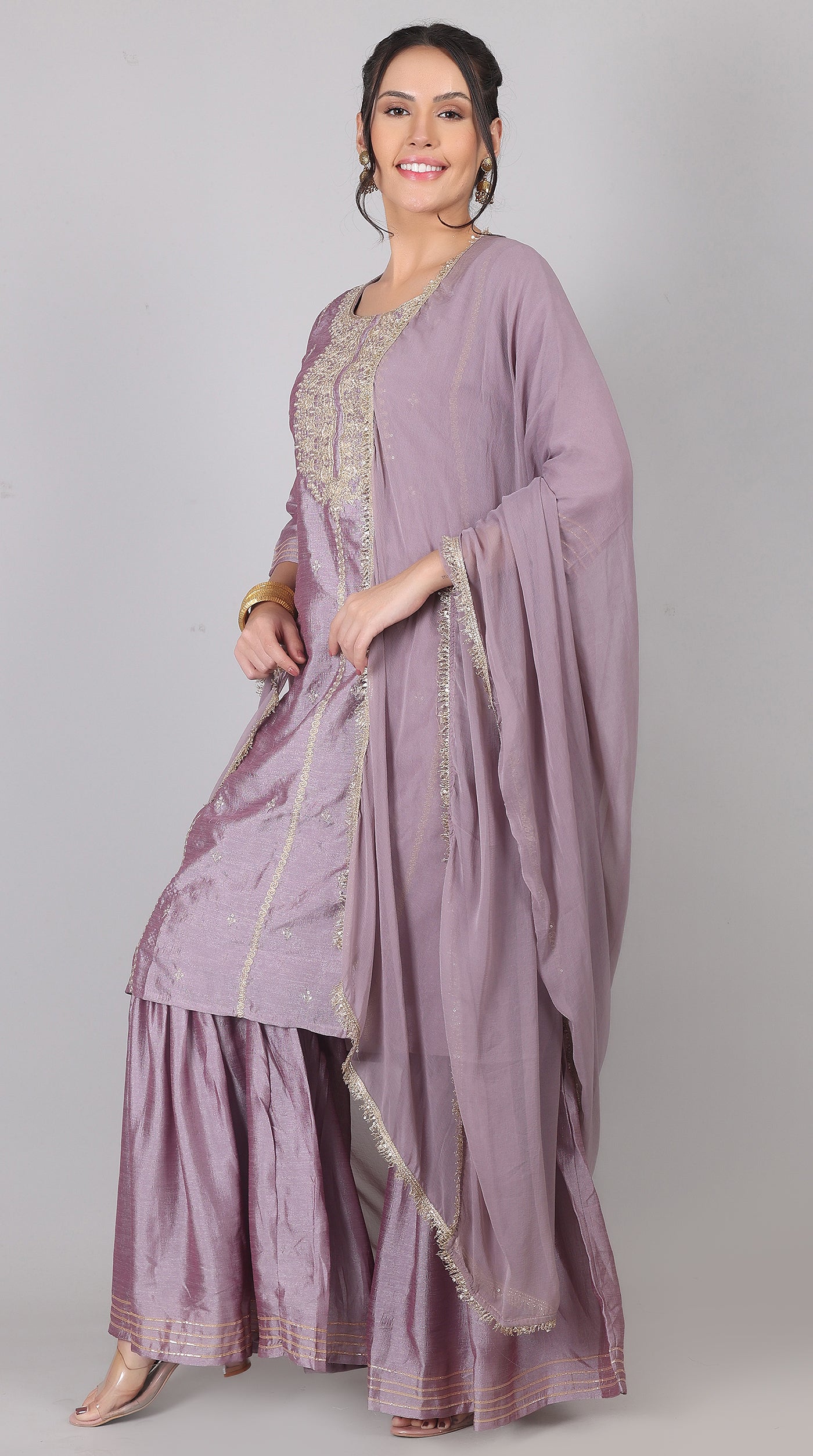 Lilac Georgette Vichitra Zari Embroidered Gharara Set with Dupatta