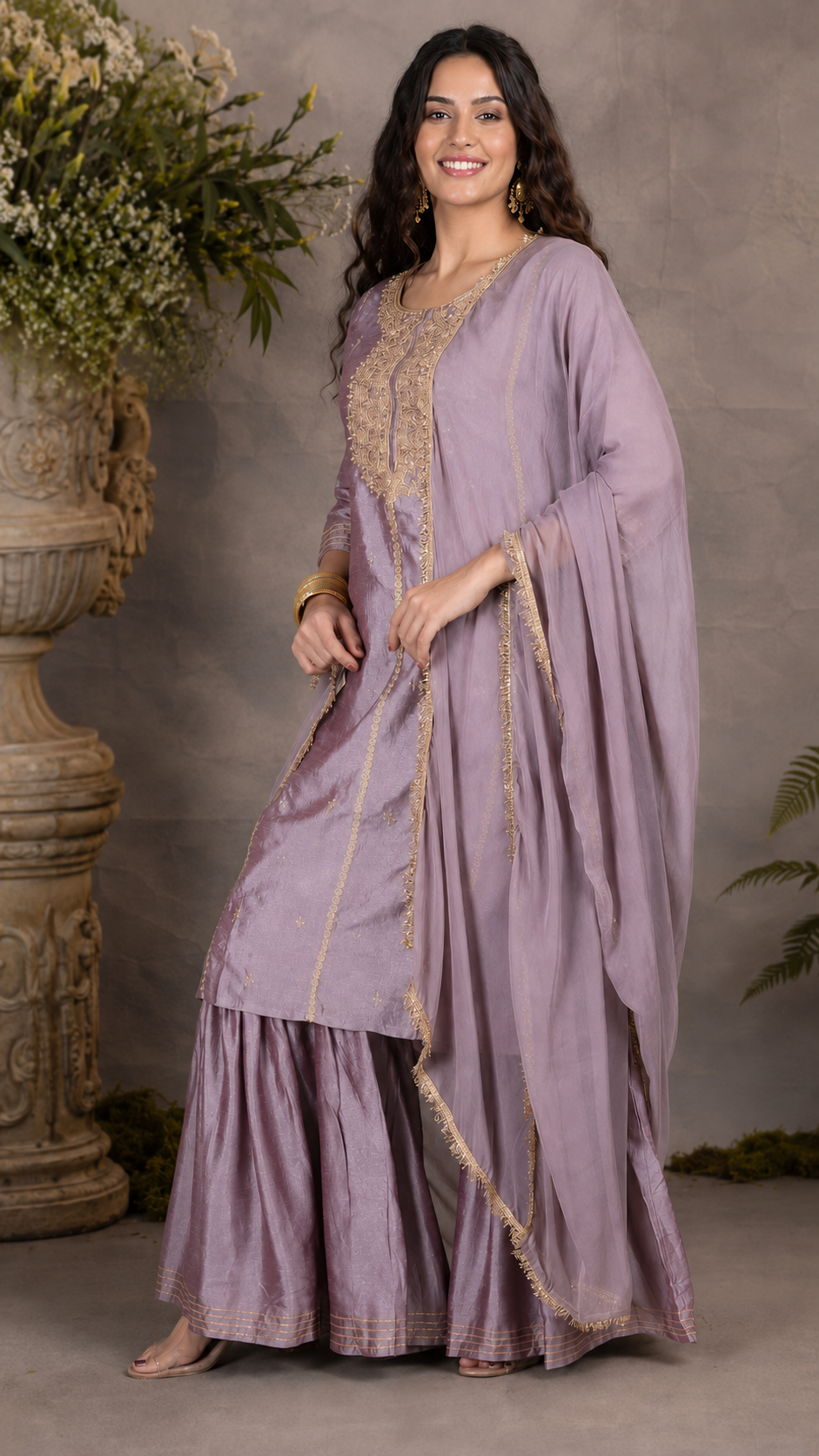 Mauve lavender women’s embroidered salwar kameez suit with matching sharara trousers and dupatta, elegant Asian occasion wear by Diya Online
