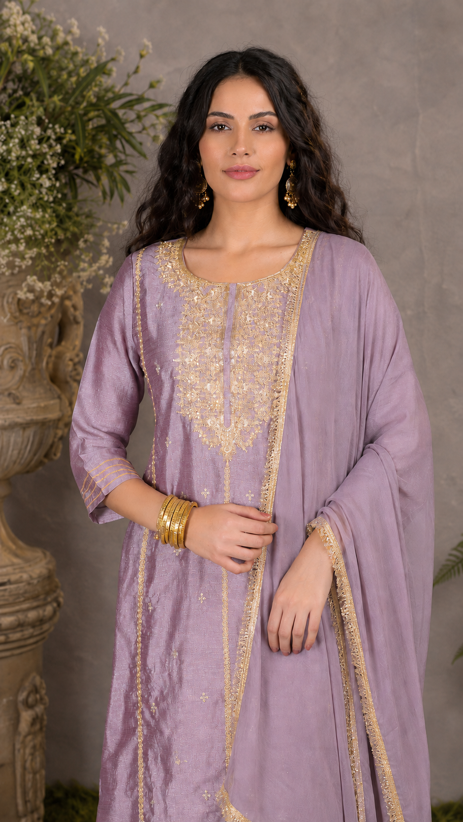 Mauve lavender women’s embroidered salwar kameez suit with matching sharara trousers and dupatta, elegant Asian occasion wear by Diya Online