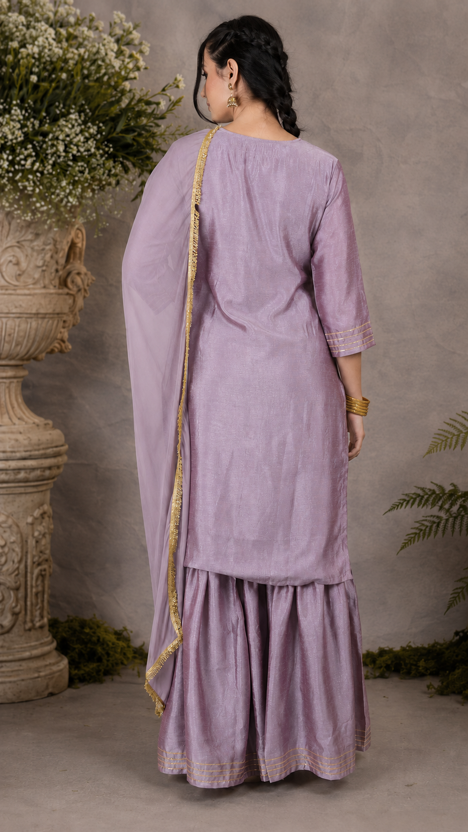 Mauve lavender women’s embroidered salwar kameez suit with matching sharara trousers and dupatta, elegant Asian occasion wear by Diya Online