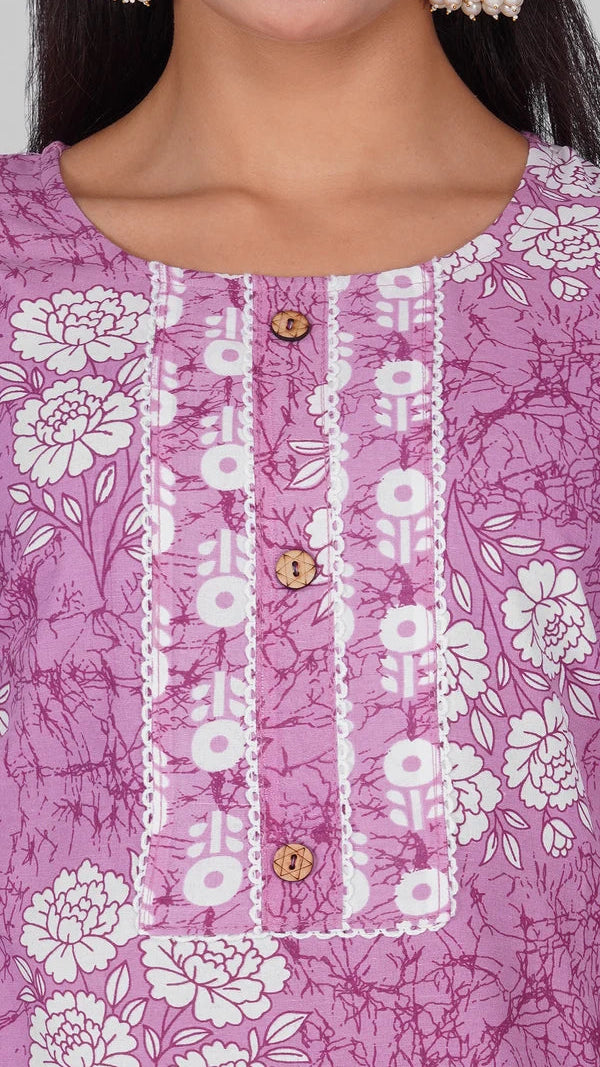 Mauve floral printed salwar kameez suit with matching straight trousers and printed dupatta
