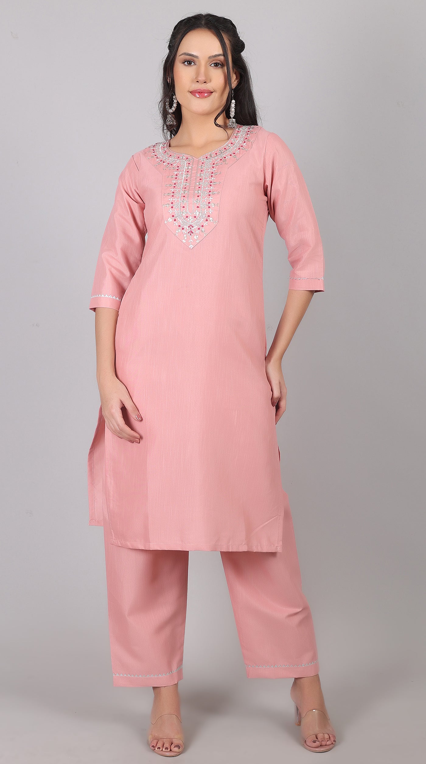 Pink Rayon Zari Embroidered Kurta Set with Printed Organza Dupatta