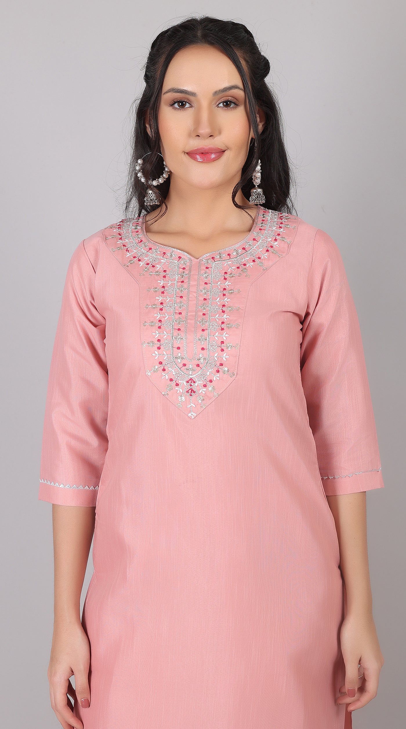 Pink Rayon Zari Embroidered Kurta Set with Printed Organza Dupatta