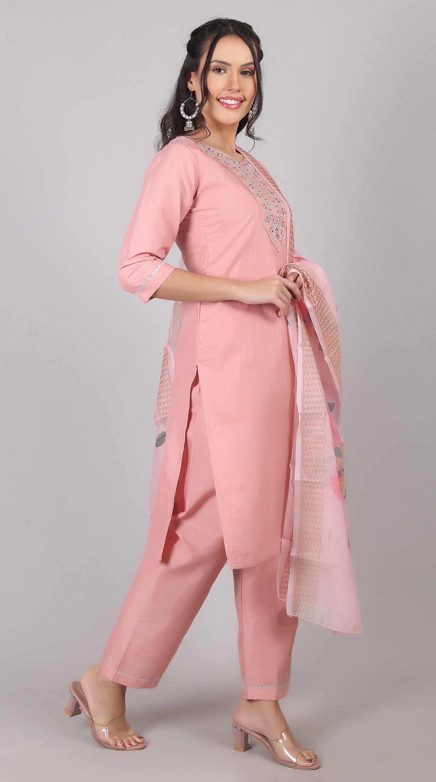Pink Rayon Zari Embroidered Kurta Set with Printed Organza Dupatta