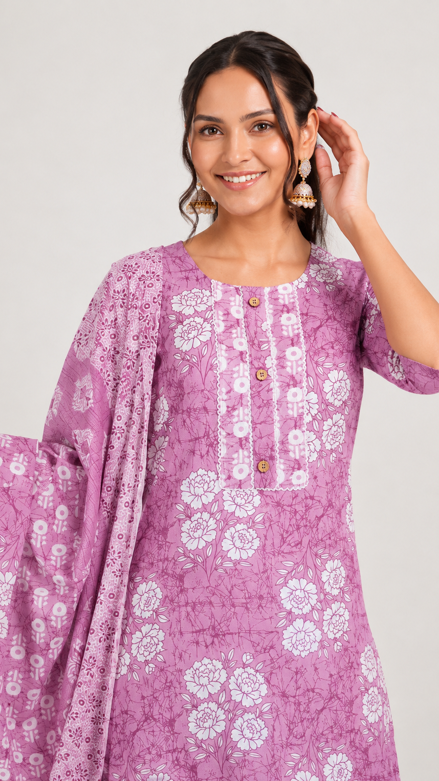 Mauve floral printed salwar kameez suit with matching straight trousers and printed dupatta
