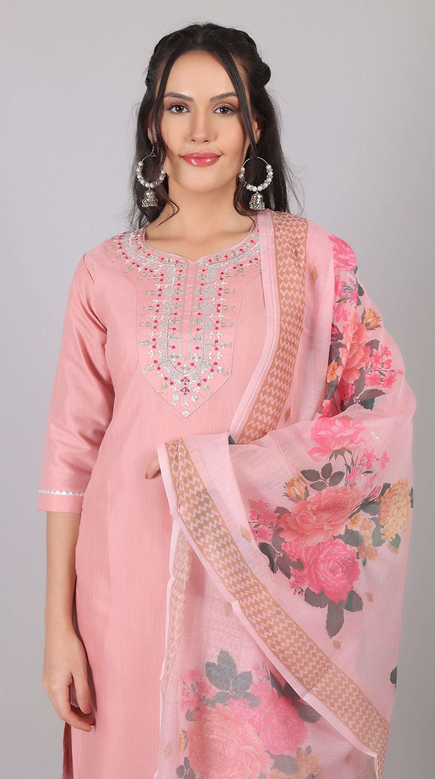 Pink Rayon Zari Embroidered Kurta Set with Printed Organza Dupatta