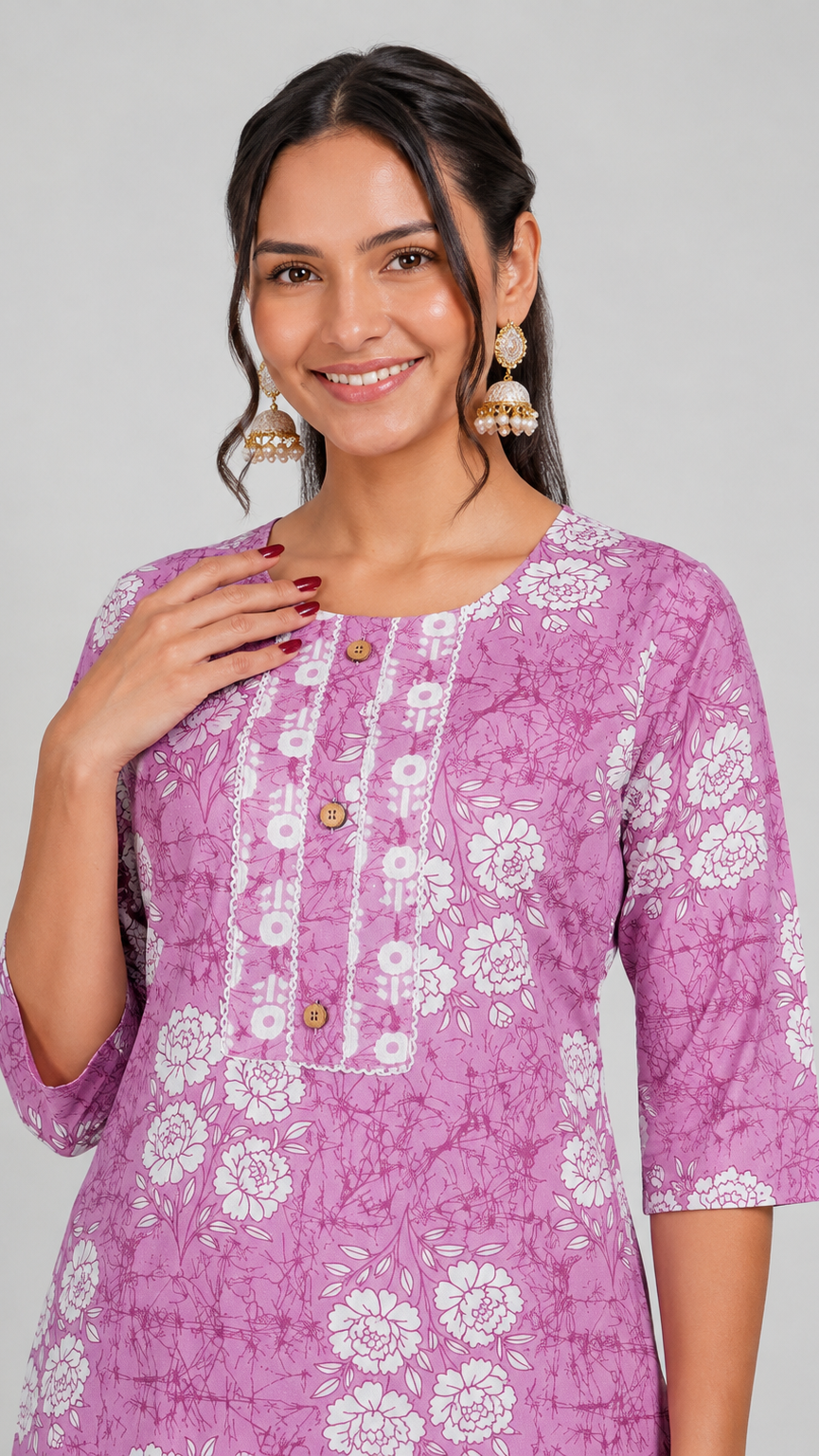 Mauve floral printed salwar kameez suit with matching straight trousers and printed dupatta
