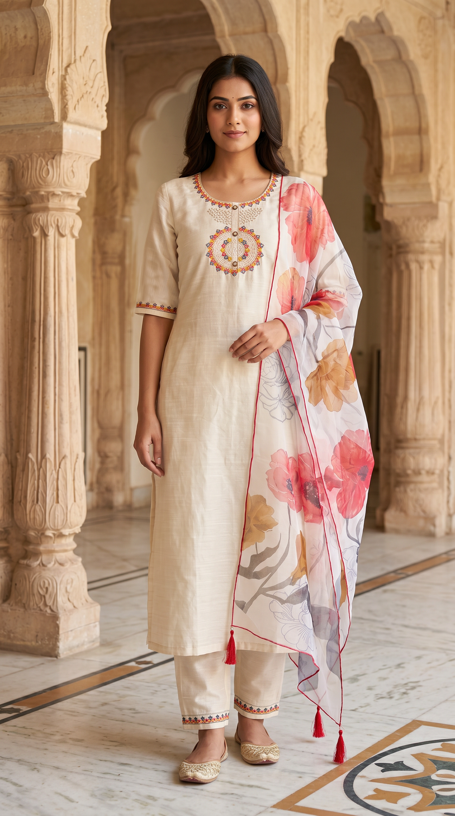 Ivory Rayon Zari Embroidered Kurta Set with Printed Organza Dupatta