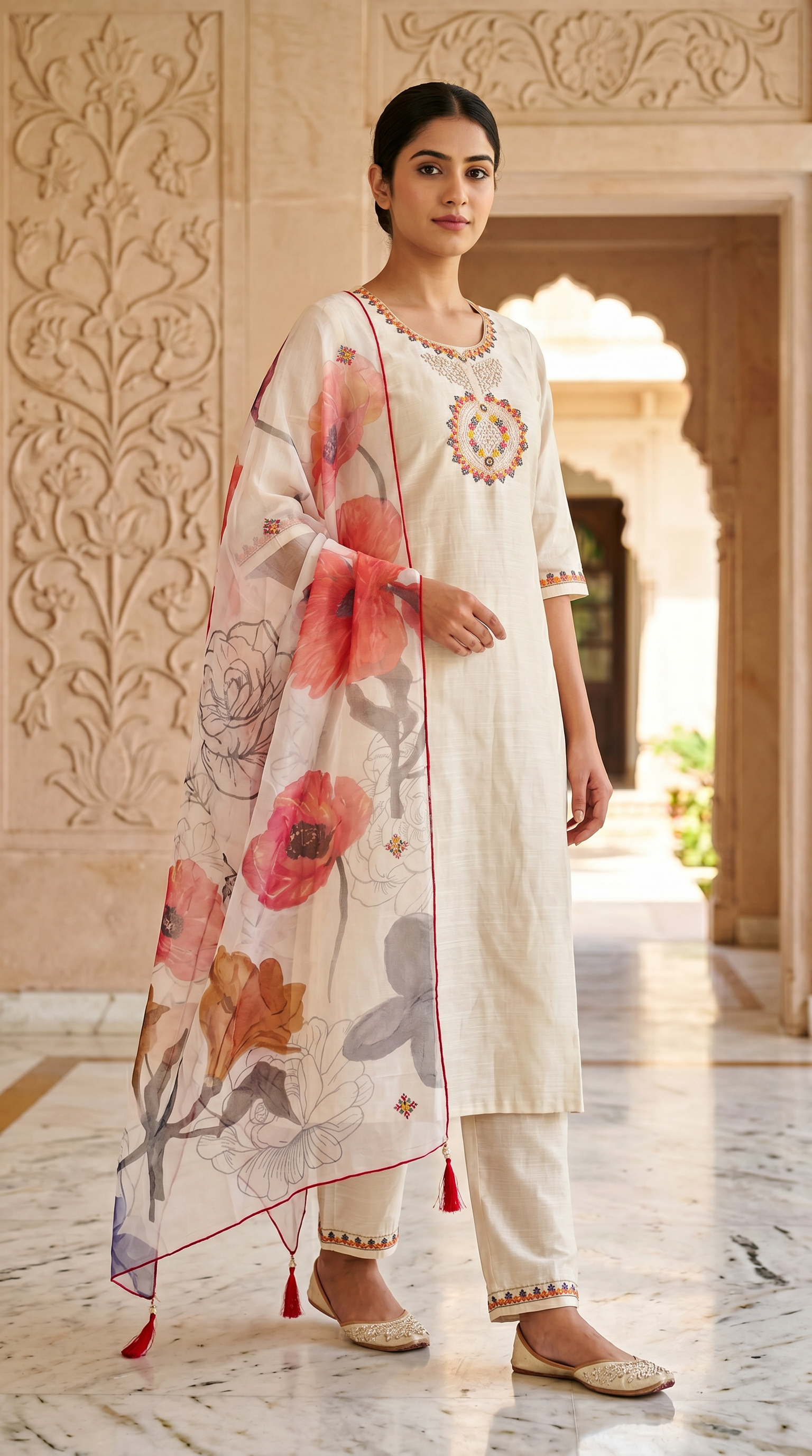 Ivory Rayon Zari Embroidered Kurta Set with Printed Organza Dupatta
