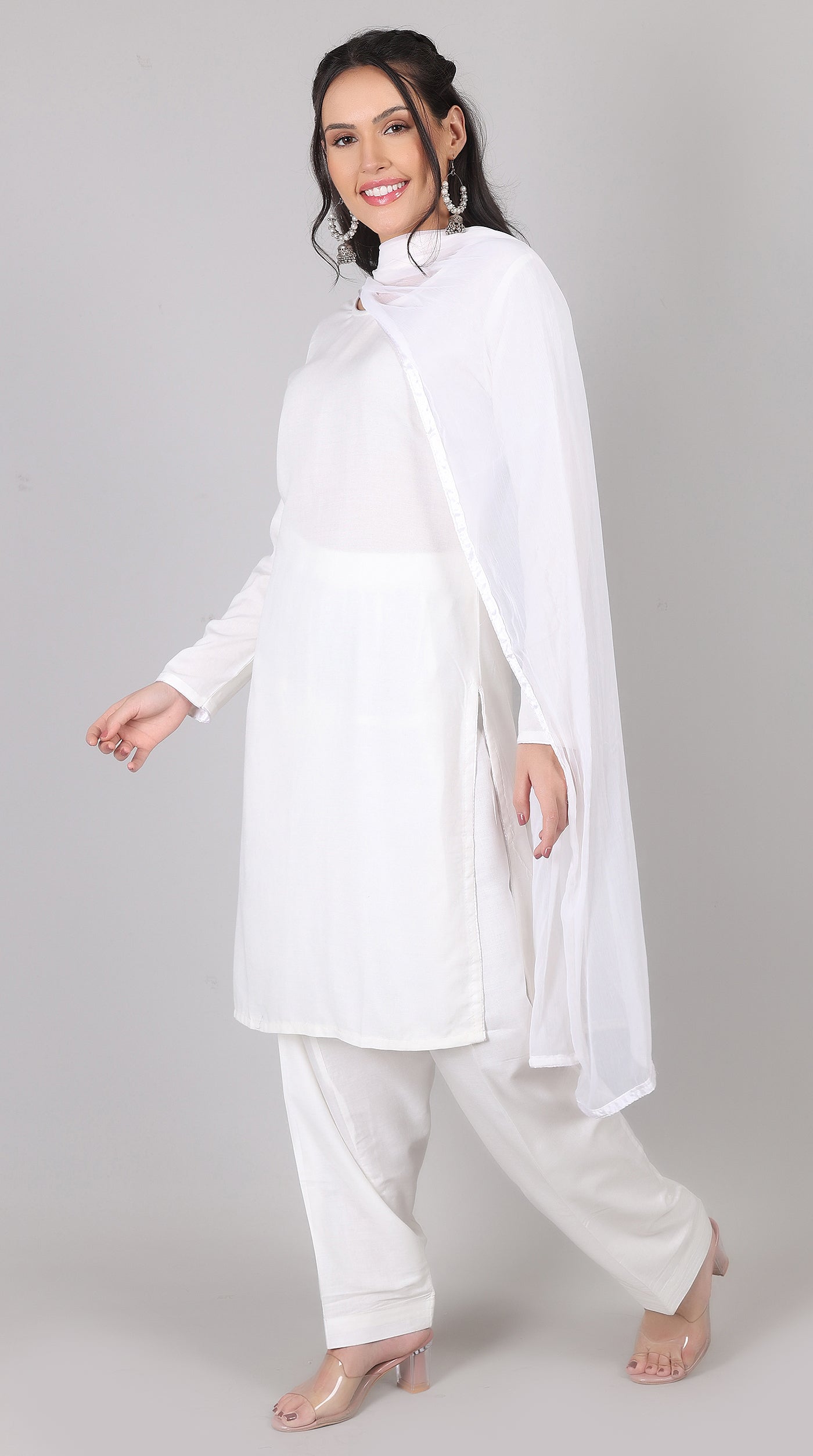 Plain White Rayon Suit Set with Chiffon Dupatta