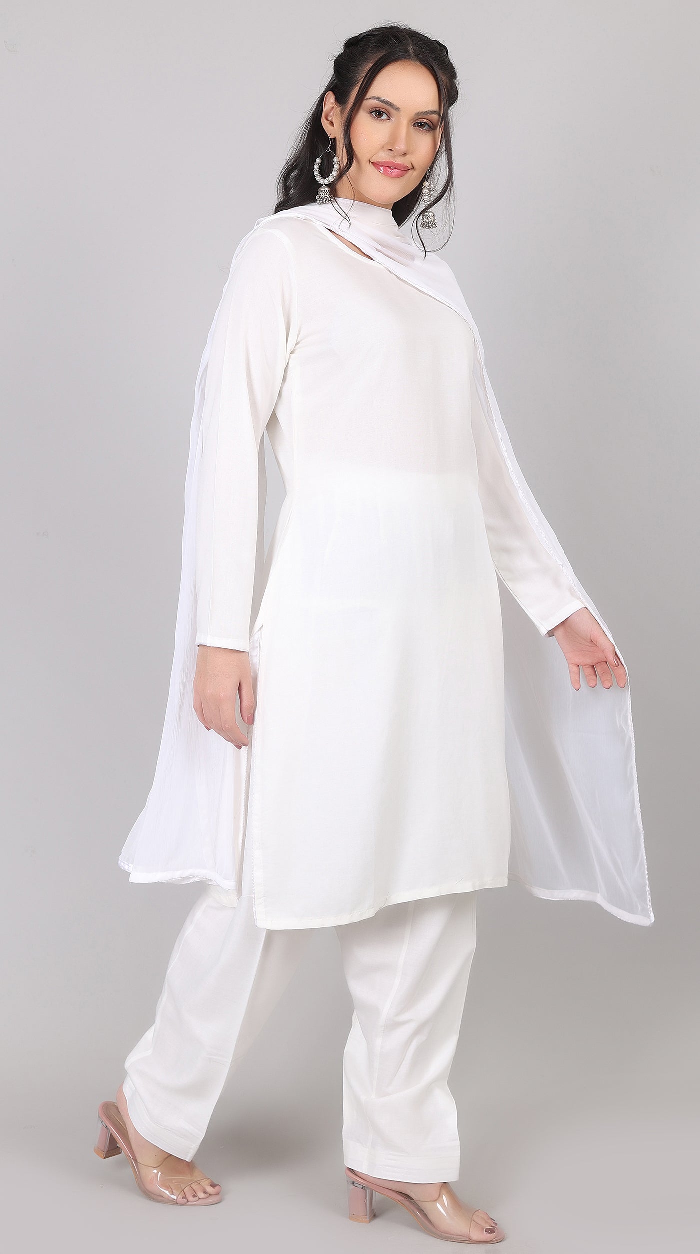 Plain White Rayon Suit Set with Chiffon Dupatta