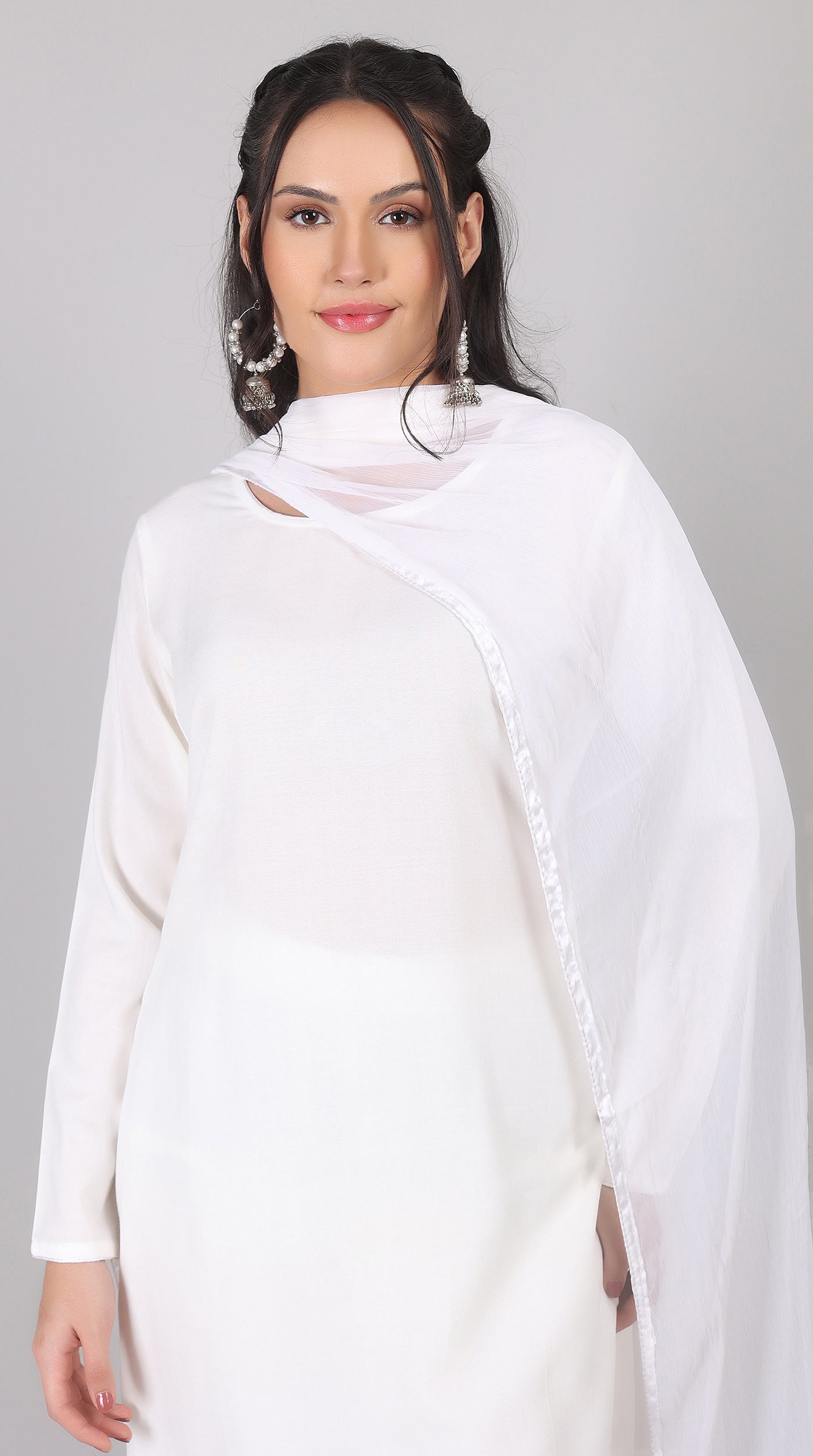 Plain White Rayon Suit Set with Chiffon Dupatta