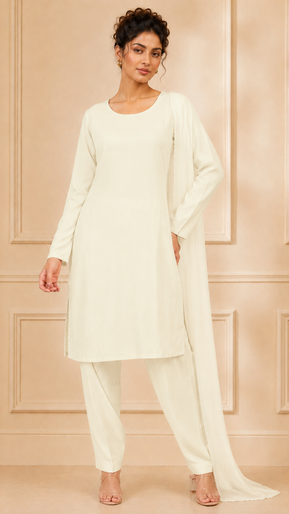 Cream women’s salwar kameez suit with matching trousers and plain chiffon dupatta, elegant modest Asian ethnic wear by Diya Online