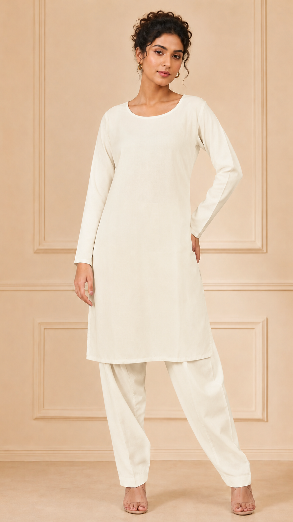 Cream women’s salwar kameez suit with matching trousers and plain chiffon dupatta, elegant modest Asian ethnic wear by Diya Online
