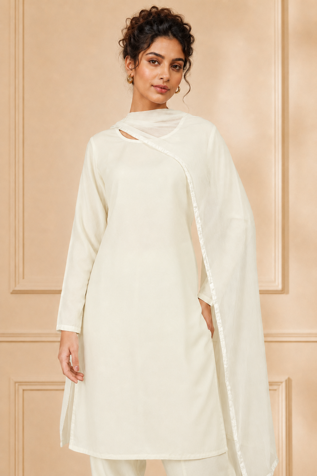 Cream women’s salwar kameez suit with matching trousers and plain chiffon dupatta, elegant modest Asian ethnic wear by Diya Online
