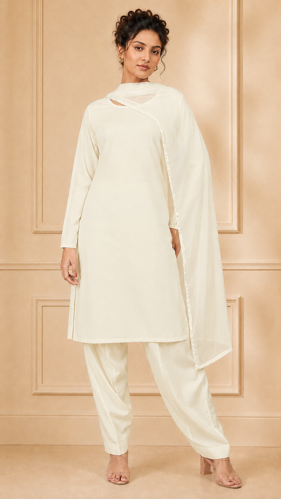 Cream women’s salwar kameez suit with matching trousers and plain chiffon dupatta, elegant modest Asian ethnic wear by Diya Online
