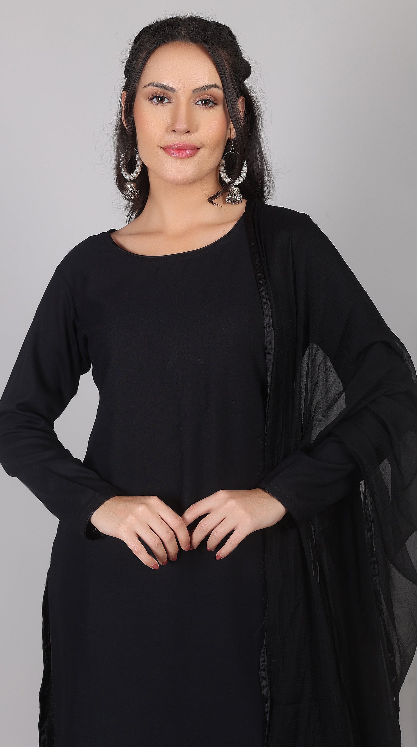 Plain Black Rayon Suit Set with Chiffon Dupatta