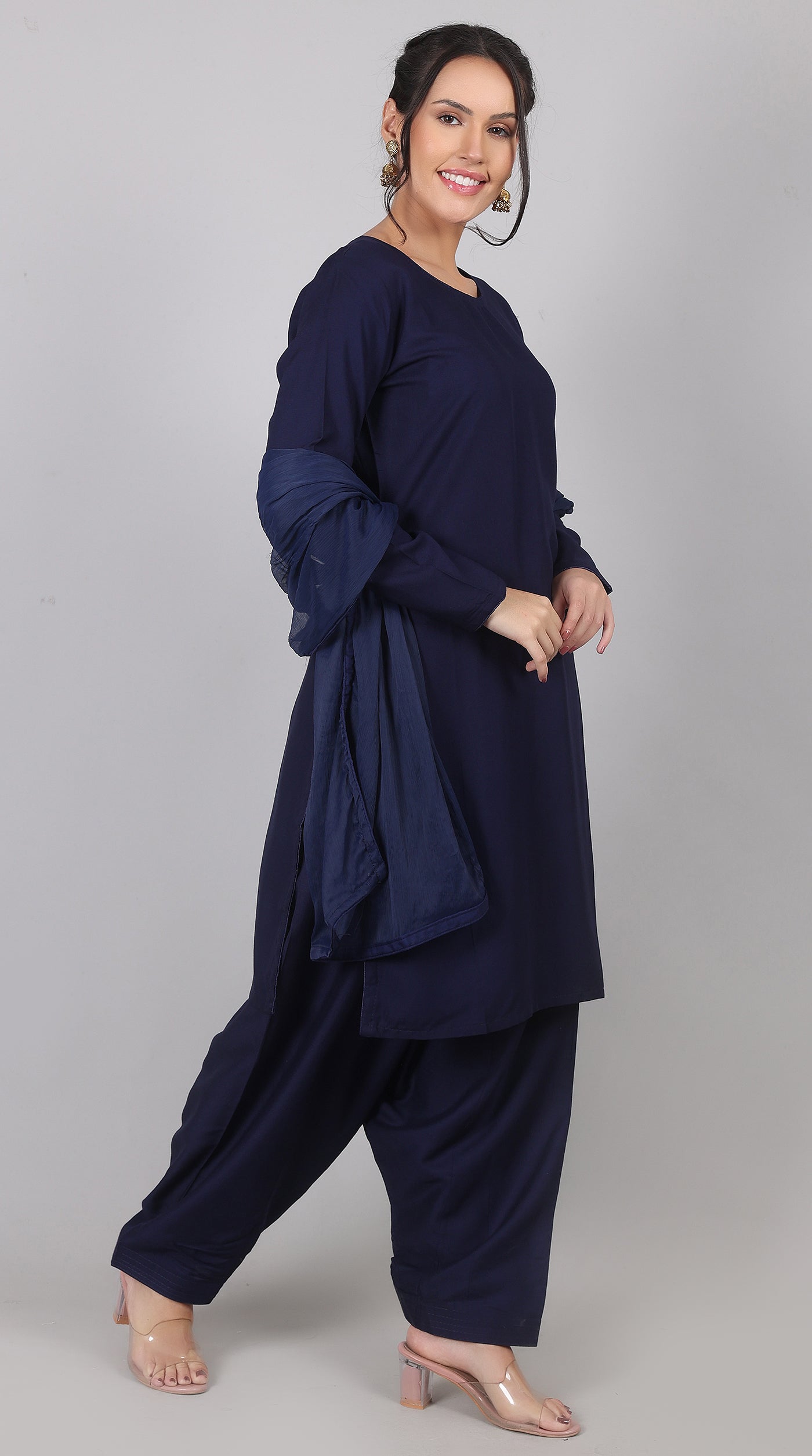 Plain Navy Blue Rayon Suit Set with Chiffon Dupatta