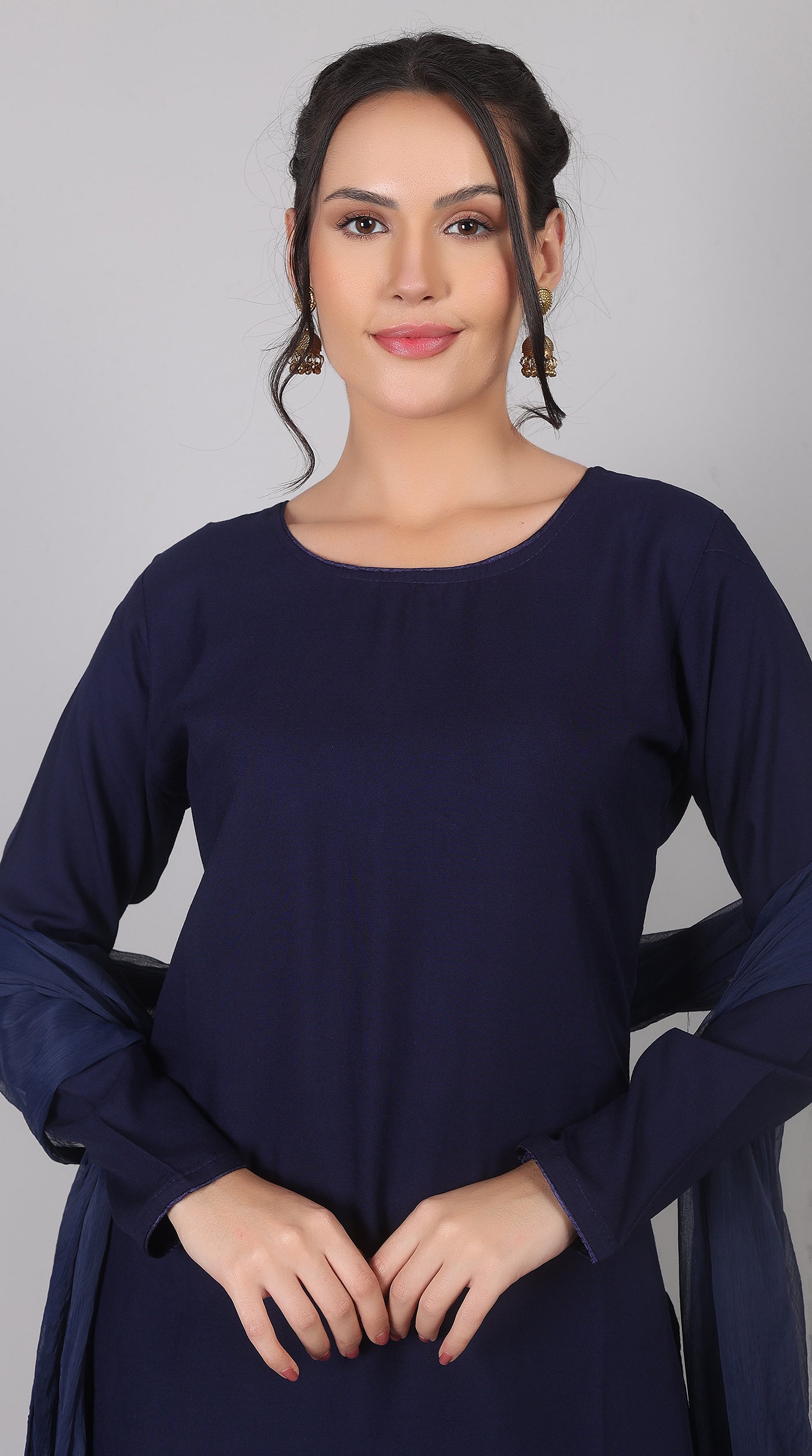 Plain Navy Blue Rayon Suit Set with Chiffon Dupatta