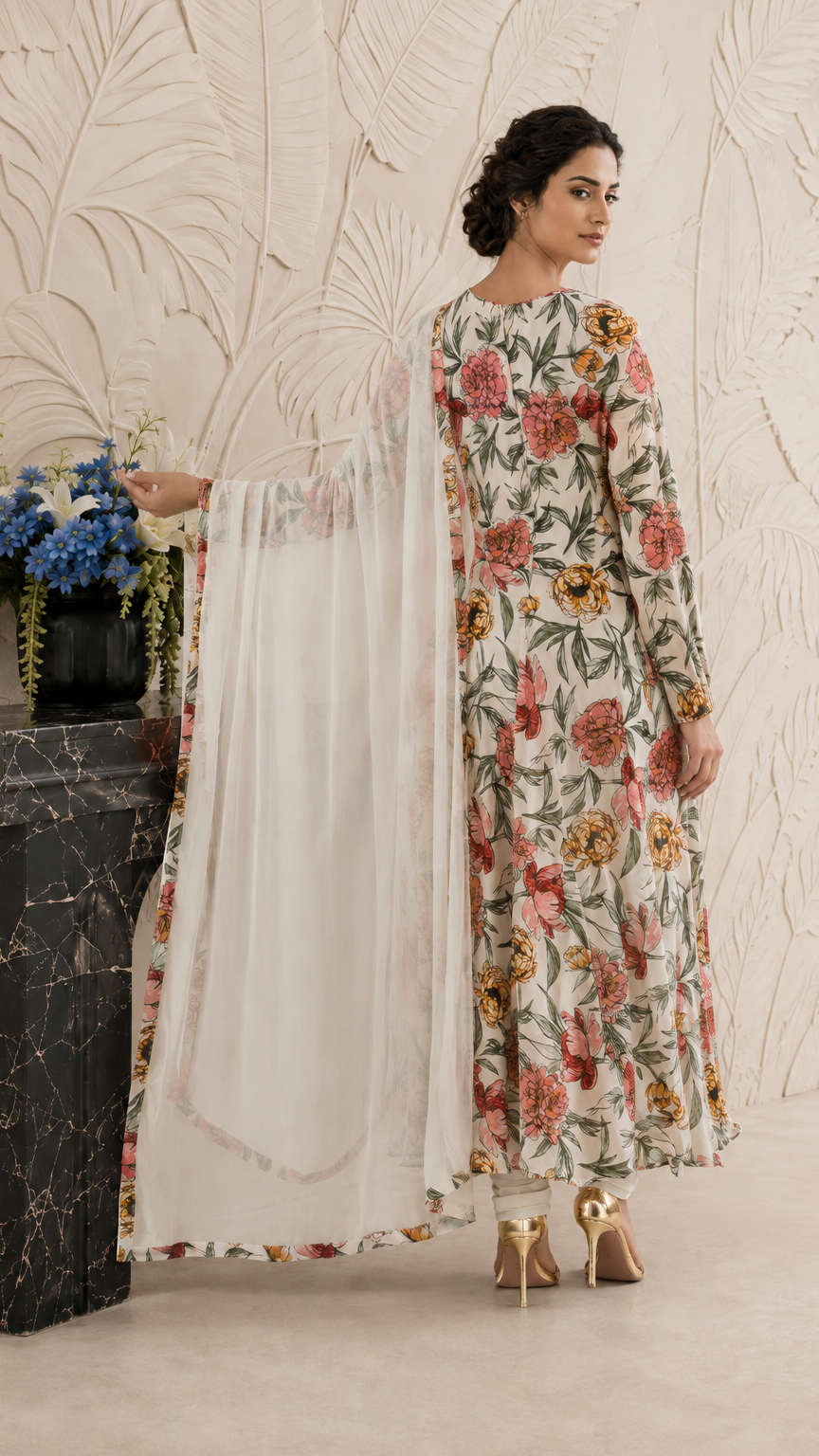 Buy cream floral print Pakistani long salwar kameez with plain trousers and matching sheer dupatta for women online at Diya Online.