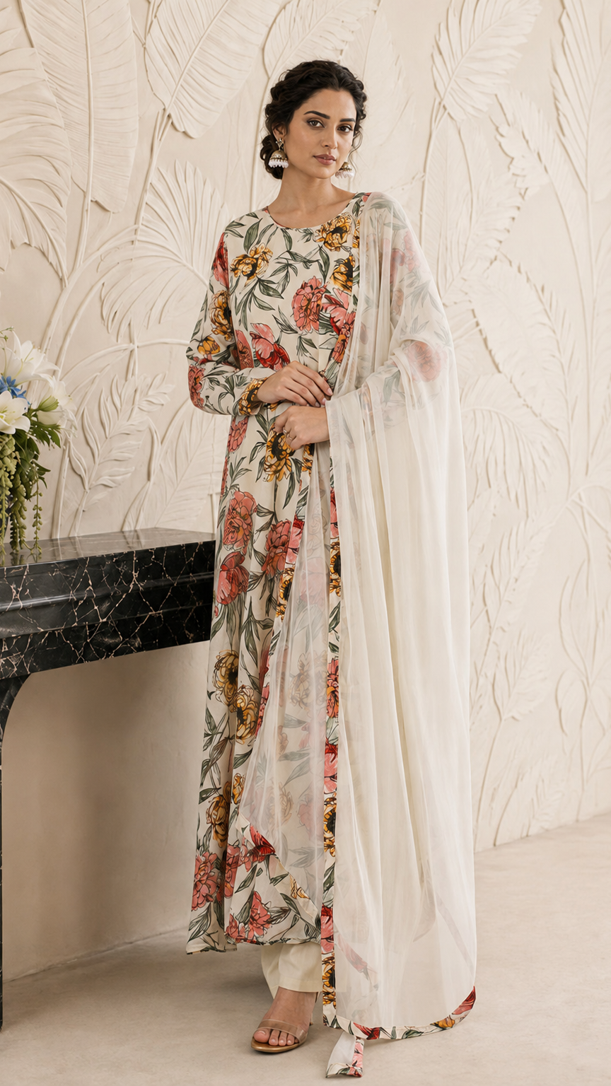 Buy cream floral print Pakistani long salwar kameez with plain trousers and matching sheer dupatta for women online at Diya Online.