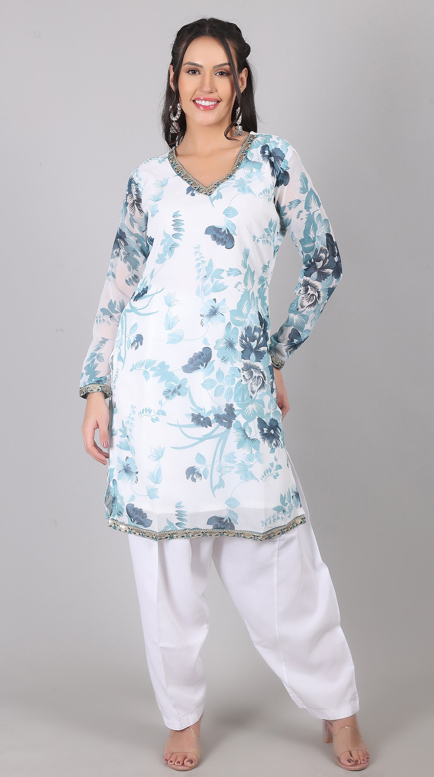 White & blue Georgette Embroidered Suit Set