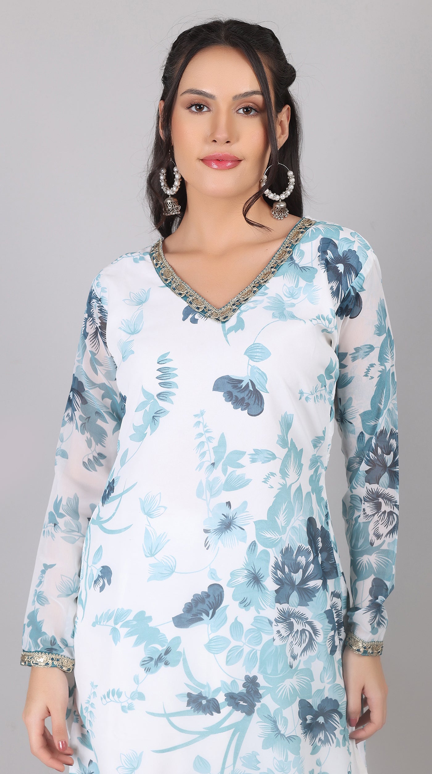 White & blue Georgette Embroidered Suit Set