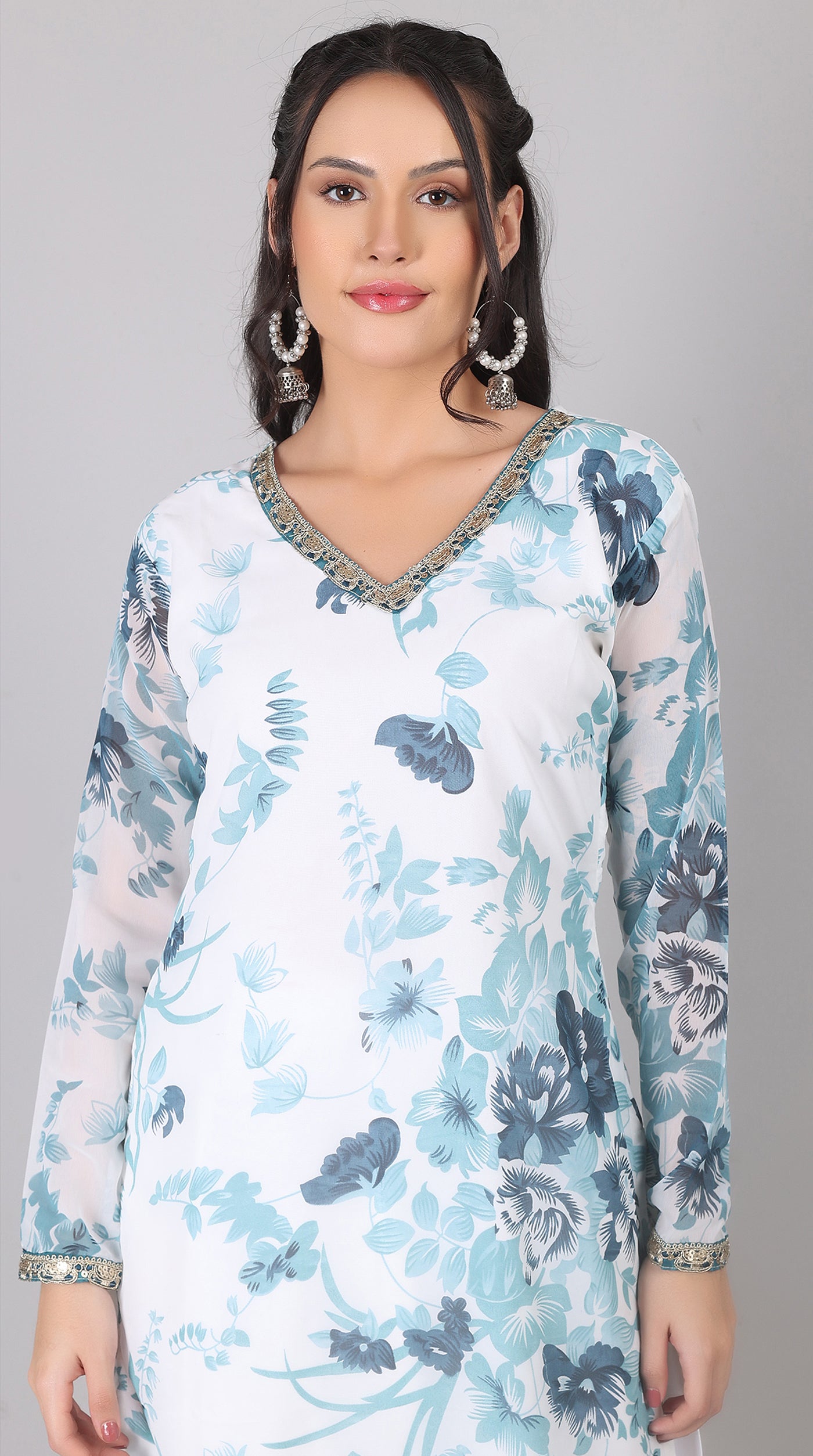 White & blue Georgette Embroidered Suit Set