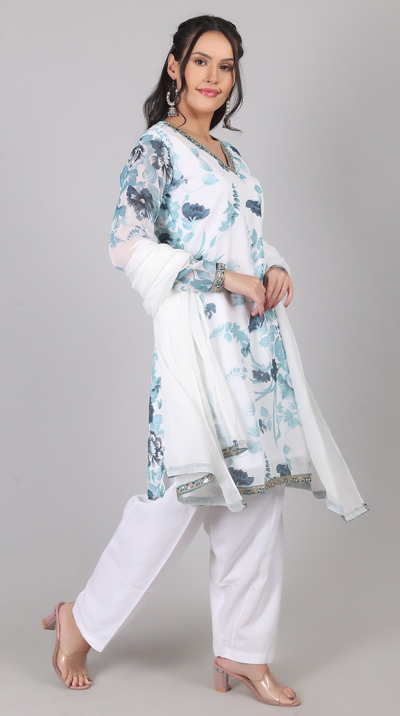 White & blue Georgette Embroidered Suit Set